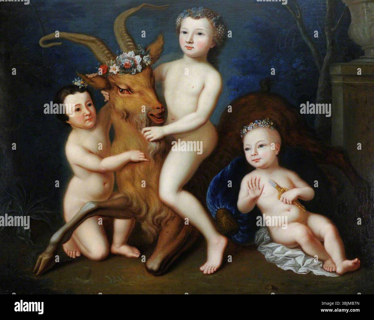 Guillibaud, Barthelemy; drei d’Hervart-Kinder, als Kind Bacchus und Begleiter, mit einer Ziege; National Trust, Nostell Priory; http://www.artuk.org/artworks/three-dhervart-children-as-the-infant-bacchus-and-attendants-with-a-goat-170715 Stockfoto
