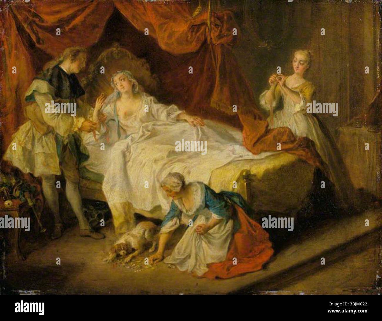 Lancret, Nicolas; A Tale from La Fontaine (Le petit chien qui secue de l'argent et des pierreries); The Wallace Collection; http://www.artuk.org/artworks/a-tale-from-la-fontaine-le-petit-chien-qui-secue-de-largent-et-des-pierreries-209432 Stockfoto