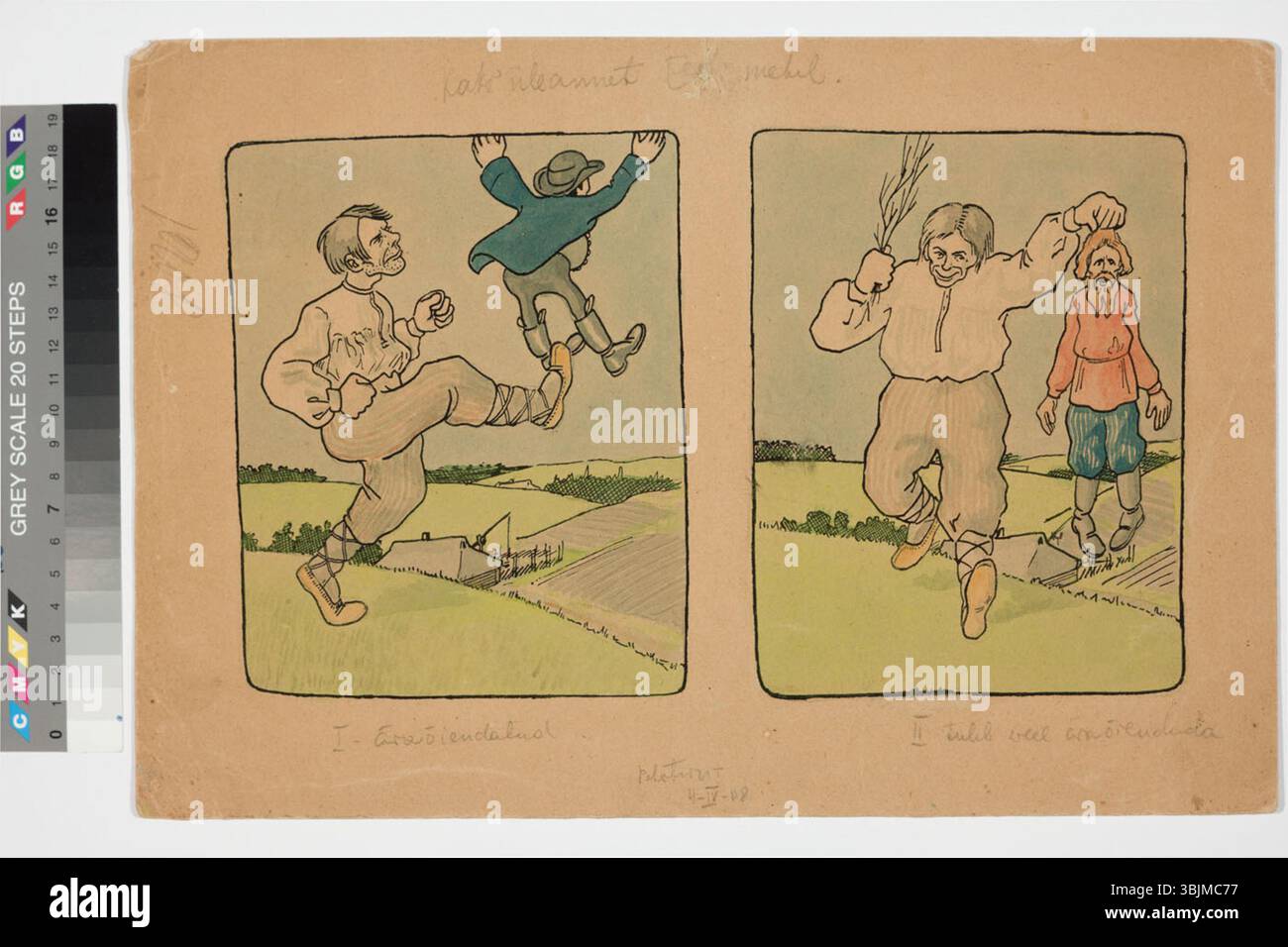 Erik Obermanns „Kaks Ülesannet Eesti Mehel“ (zwei Aufgaben für einen Estnischen Mann) ist ein Aquarell- und Indianermalerei aus dem Jahr 1908. Es zeigt die Doppelaufgaben eines estnischen Mannes und konzentriert sich dabei auf seine Rolle im täglichen Leben. Das Stück kombiniert feine Tinte mit weichen Aquarellen, um ein Gefühl nationaler Identität und Verantwortung zu vermitteln. Stockfoto