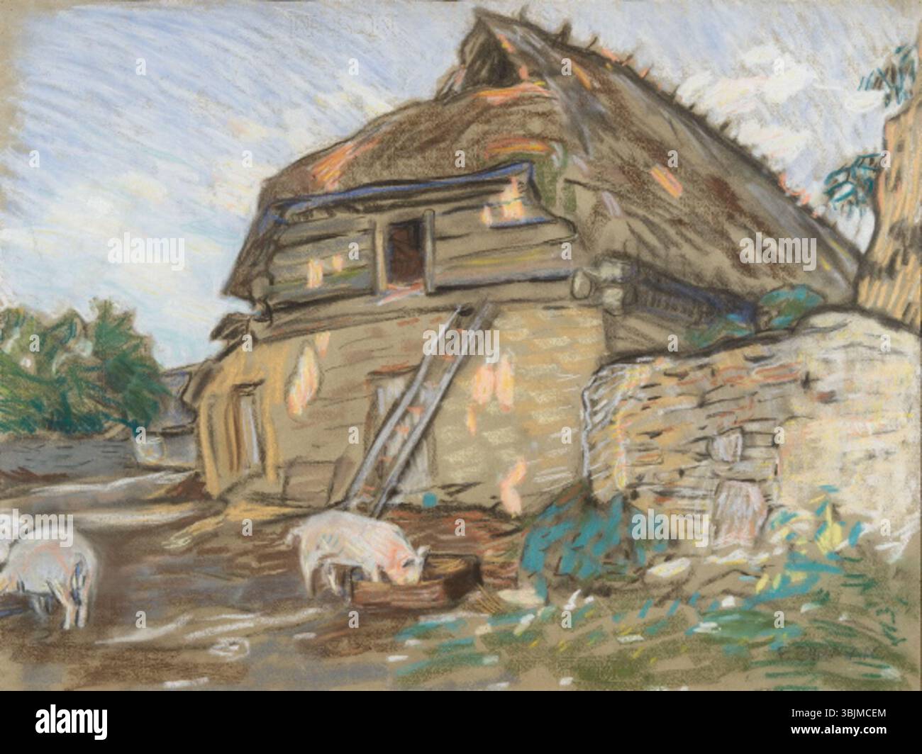 *Vana talu* (Old Farm) von Paul Burman (1888–1934) ist ein Papier- und Pastellgemälde, das zwischen 1913 und 1916 entstanden ist. Das Werk zeigt einen alten Bauernhof und hebt die ländliche Geschichte und das kulturelle Erbe Estlands hervor. Stockfoto