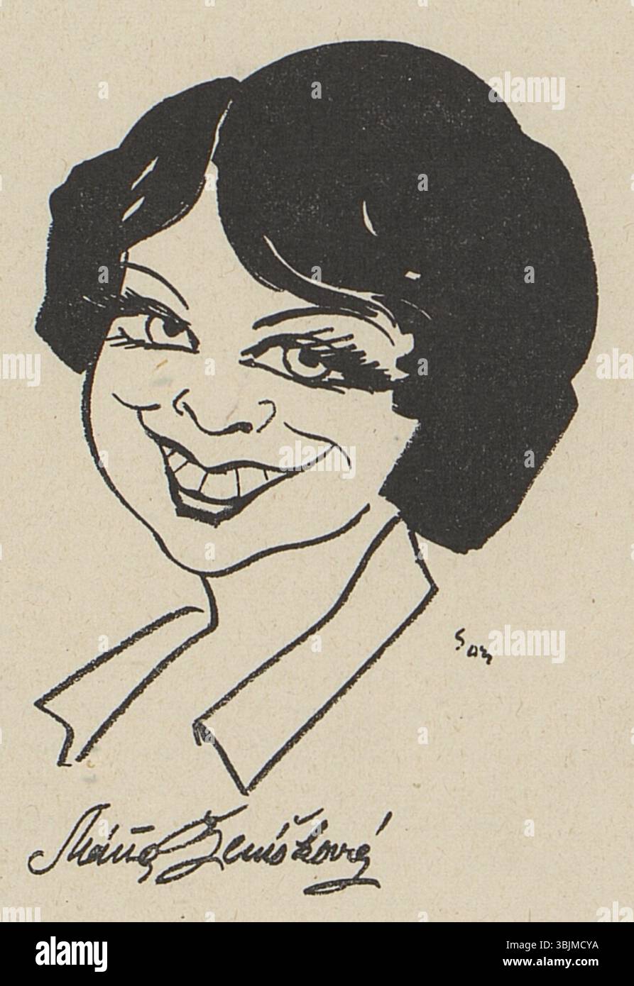 Die Karikatur von Ivan Sors aus dem Jahr 1932 stellt die tschechische Schauspielerin Mána Šeníková dar. Veröffentlicht im Buch *Panoptikum s. filmu od et do A*, repräsentiert es auf humorvolle Weise ihr öffentliches Image in der tschechischen Filmindustrie. Stockfoto