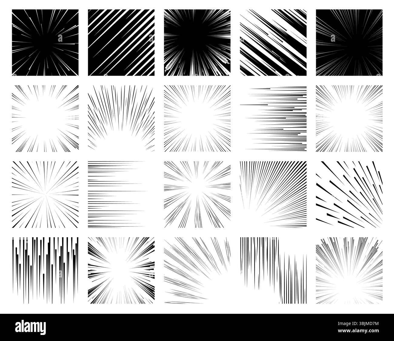 Manga-Frames. Comic-Sammlung mit grafischen Effekten, Geschwindigkeitslinien und dynamische Striche, Schwarzweiß-Hintergrund, schnelle Anime-Bewegung, Radialbewegung Stock Vektor