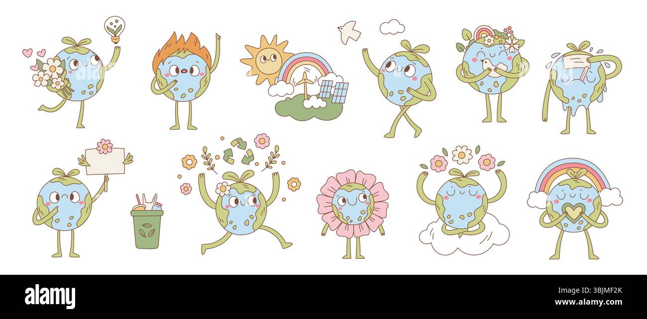 Niedliches Planet Earth Maskottchen. Comic lustiger Charakter, Umweltprobleme, glückliche Weltpersönlichkeit, Natur und Ökologie, freundliche Natur, lächeln Sie mit dem Gesicht Stock Vektor