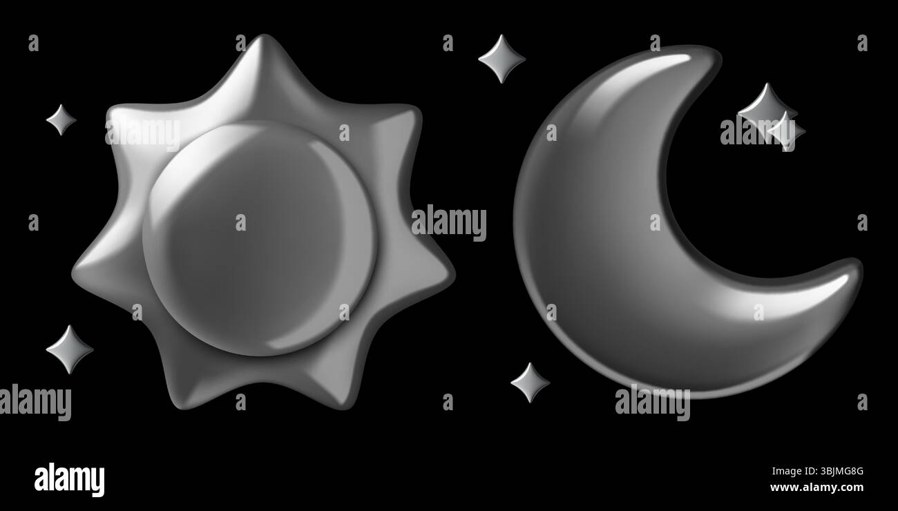 Sonne und Halbmond 3D Chrom Aufkleber mit Sternen auf schwarzem Hintergrund Stock Vektor
