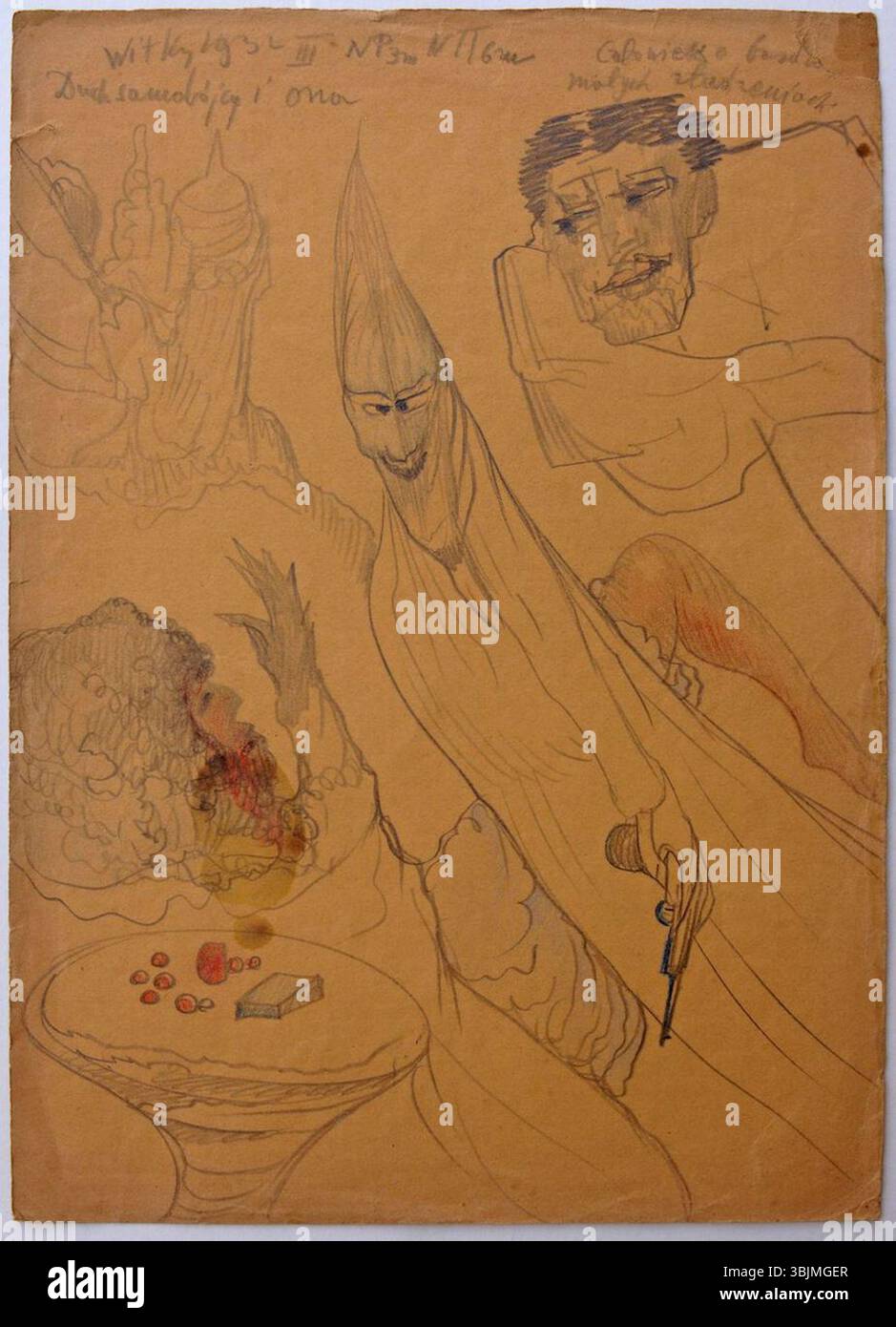 *Duch samobójcy i ona* (1932) von Stanislaw Ignacy Witkiewicz, übersetzt als *Suicide Ghost and her*, ist eine Bleistiftzeichnung, die das psychologische Thema Tod und Verzweiflung erforscht. Das Stück zeigt eine eindringliche Figur und eine Frau, die Witkacy’ Fokus auf psychologischem Horror und menschlichem Zustand widerspiegelt. Stockfoto