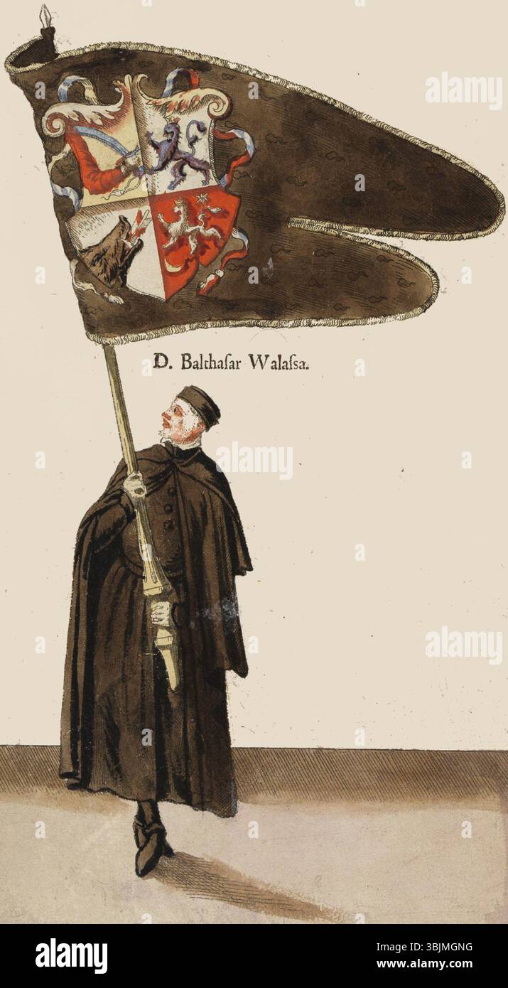 Wolfgang Meyerpecks (1566) handkolorierte Radierung zeigt Boldizsár Balassa, einen ungarischen Adligen, der während der Beerdigung von Kaiser Ferdinand I. 1565 ein Trauerfahne für Bosnien, Serbien, Bulgarien und die Walachei trug. Diese Szene ist Teil der Parentalia Divo Ferdinando. Stockfoto