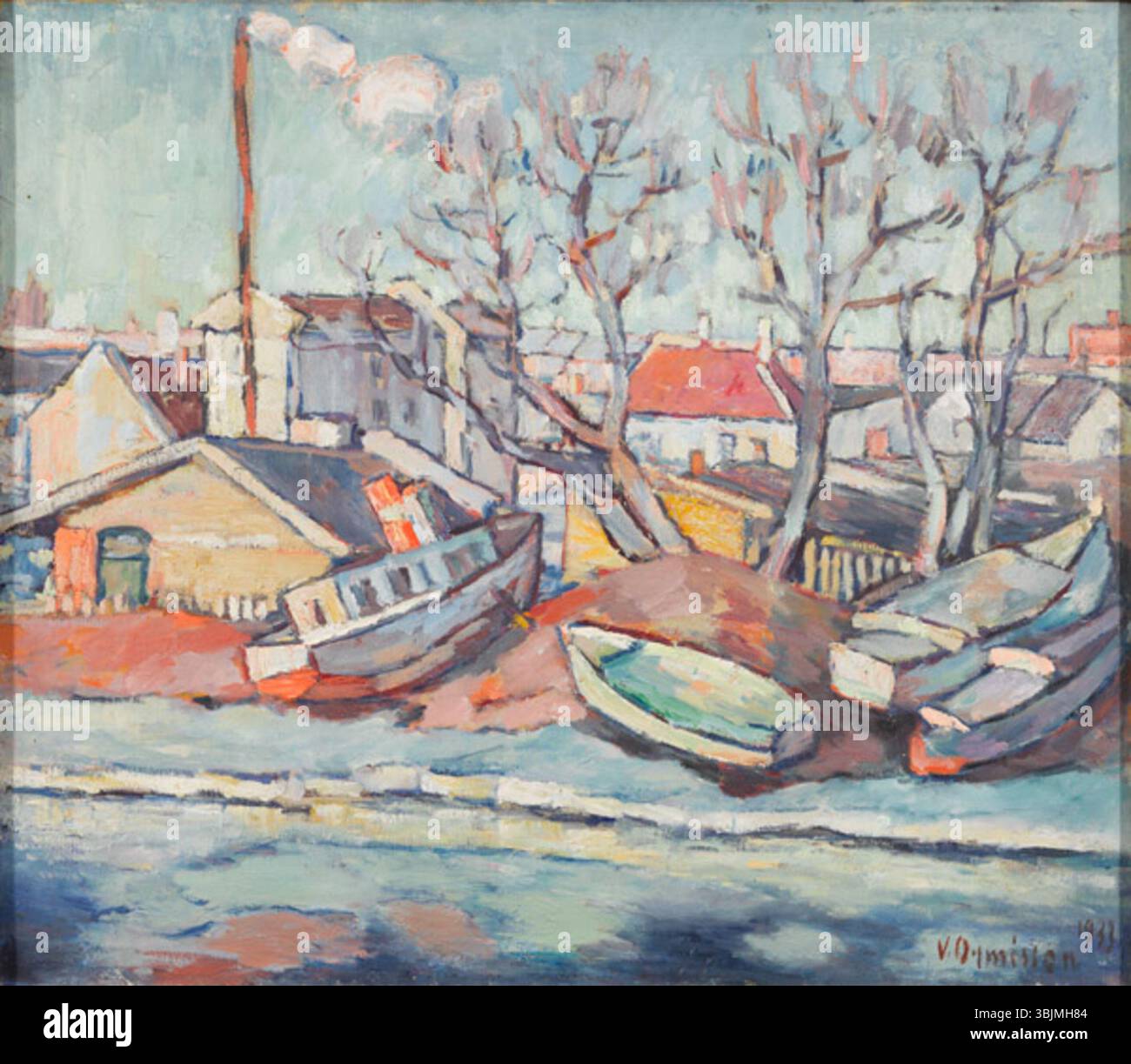 „Tartu motiiv“ von Villem Ormisson, gemalt 1933, zeigt eine malerische Aussicht auf Tartu in Estland. Das Gemälde fängt die Landschaft der Stadt ein und verbindet städtische und ländliche Elemente. Stockfoto