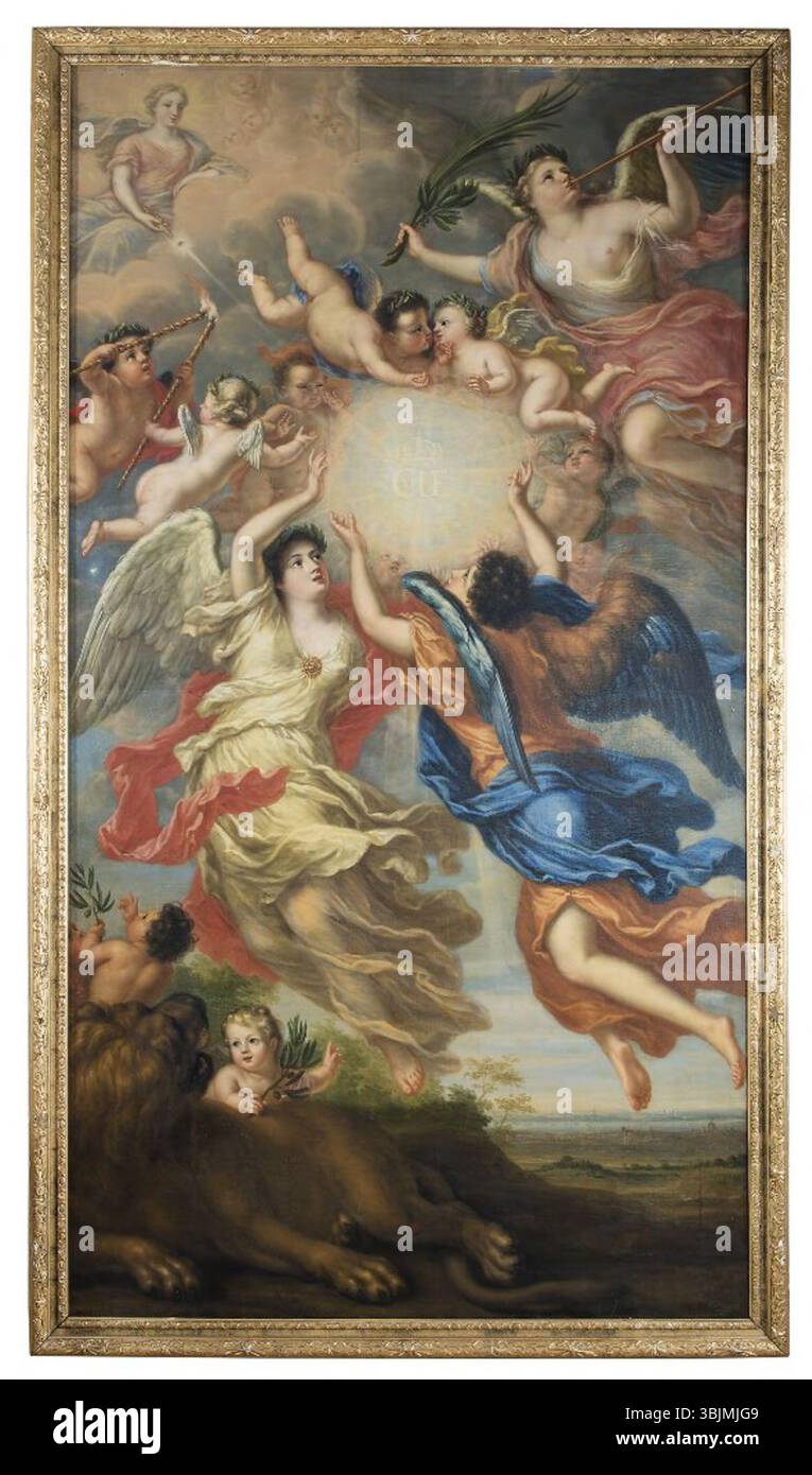 David Klöcker Ehrenstrahls allegorisches Gemälde von 1692 stellt die Hochzeit von König Karl XI. Von Schweden und Königin Ulrika Eleonora von Dänemark dar. Dieses Öl-auf-Leinwand-Werk fängt symbolische Elemente ein, die mit ihrer vereinigung verbunden sind, und spiegelt die politische und königliche Bedeutung der Ehe wider. Stockfoto