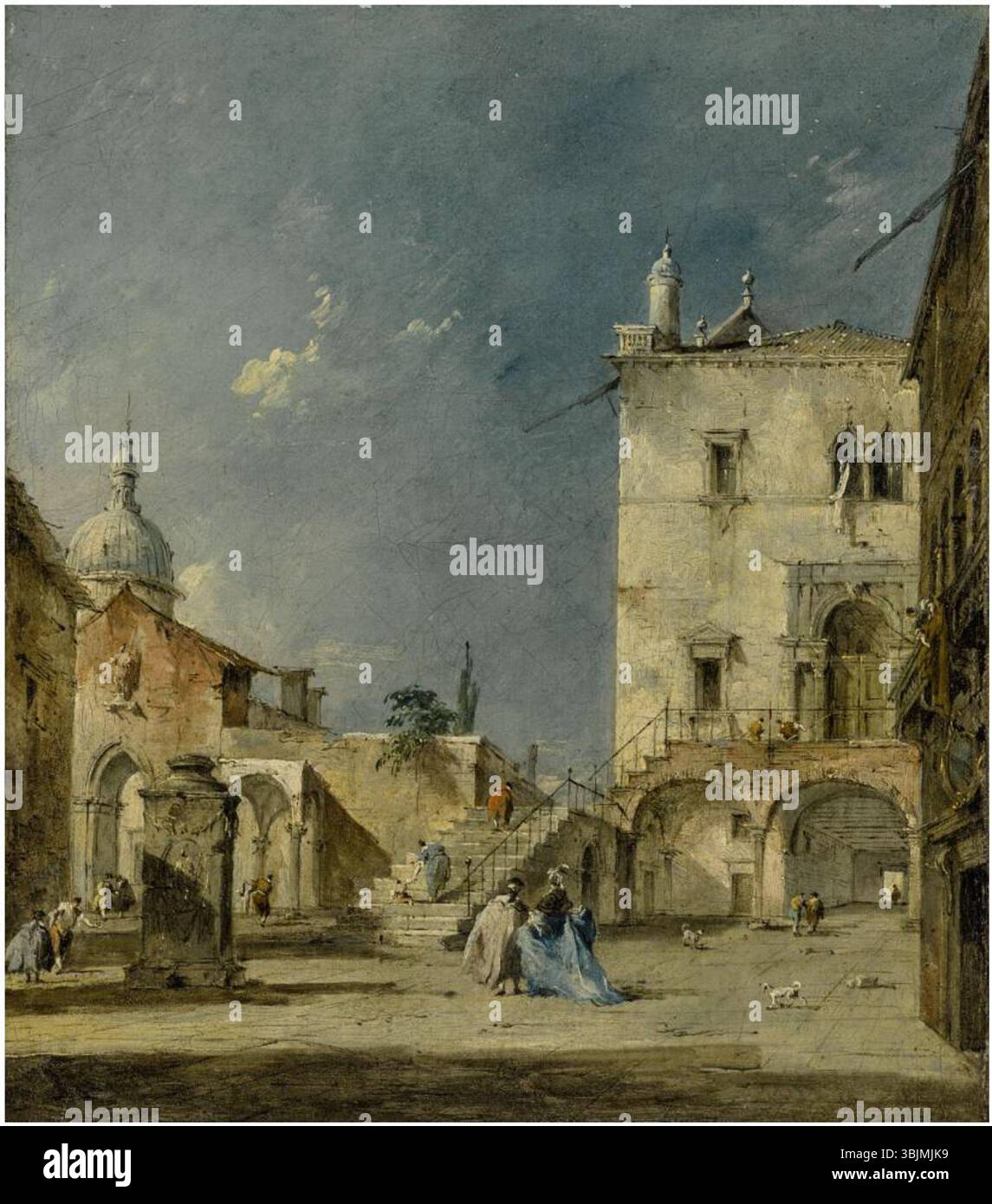 Francesco Guardis Ölgemälde zeigt eine imaginierte Architekturszene oder Capriccio, die einen venezianischen Platz mit stilistischen Freiheiten darstellt, typisch für die venezianische Kunst des 18. Jahrhunderts. Stockfoto