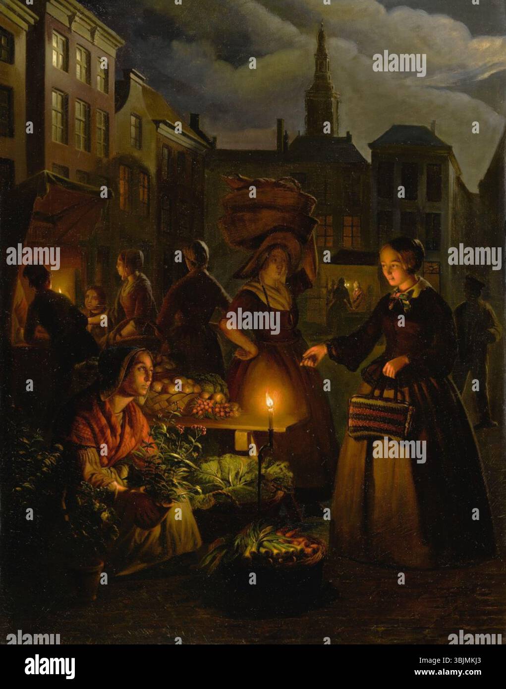 „Ein mondbeleuchteter Gemüsemarkt auf dem de Grote Markt, den Haag“ von Petrus van Schendel fängt die nächtliche Szene eines Marktes ein, der von Mondlicht beleuchtet wird. Das Ölgemälde spiegelt die Atmosphäre des niederländischen Stadtlebens aus dem 19. Jahrhundert wider, mit lebhaftem Gemüse und geschäftigen Marktaktivitäten. Stockfoto