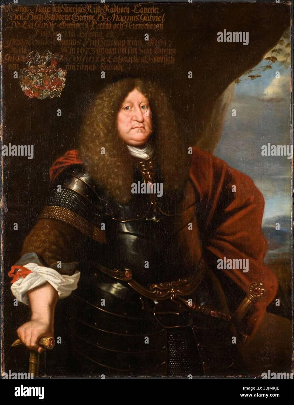 Dieses Gemälde von Richard Sylvius aus dem 17. Jahrhundert zeigt Magnus Gabriel de la Gardie (1622–1680), einen schwedischen Staatsmann und Kanzler. Das Öl auf Leinwand stellt de la Gardie in seiner offiziellen Rolle während des schwedischen Reiches dar. Stockfoto