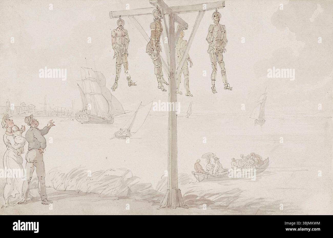 Dieses Aquarell von Thomas Rowlandson aus dem jahr 1790 zeigt ein Gibbet auf der Themse mit hingerichteten Kriminellen, die von Zuschauern an Land und Boot beobachtet wurden und öffentliche Bestrafungen darstellen. Stockfoto