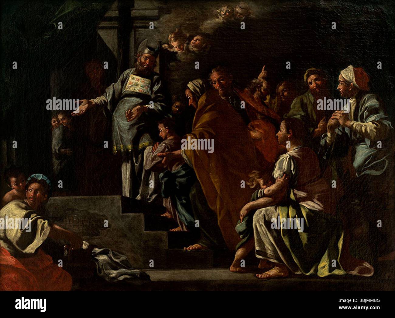 Sebastiano Conca (1680–1764) malte The Presentation at the Temple, ein Öl auf Leinwand, das eine biblische Szene mit religiösen Figuren in einem architektonischen Innenraum zeigt. Stockfoto