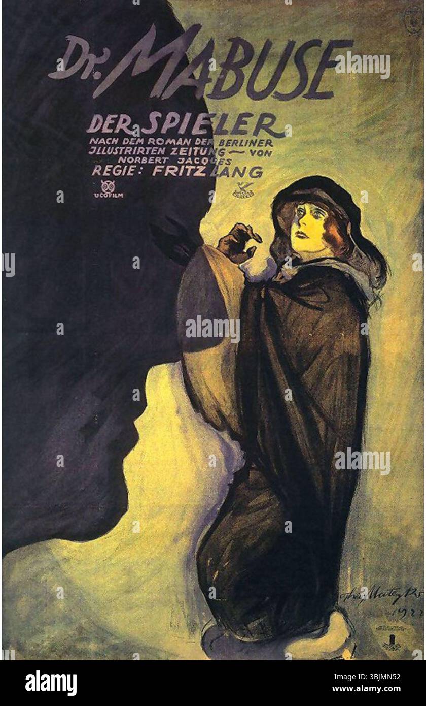 Das Filmplakat zu Fritz Langs Film „Dr. Mabuse, der Spieler“ aus dem Jahr 1922 ist eine ikonische Darstellung des deutschen expressionistischen Kinos. Es zeigt den berüchtigten kriminellen Mastermind Dr. Mabuse, der andere manipuliert und kontrolliert und symbolisiert die Faszination der Epoche für psychologische und gesellschaftliche Konflikte. Stockfoto