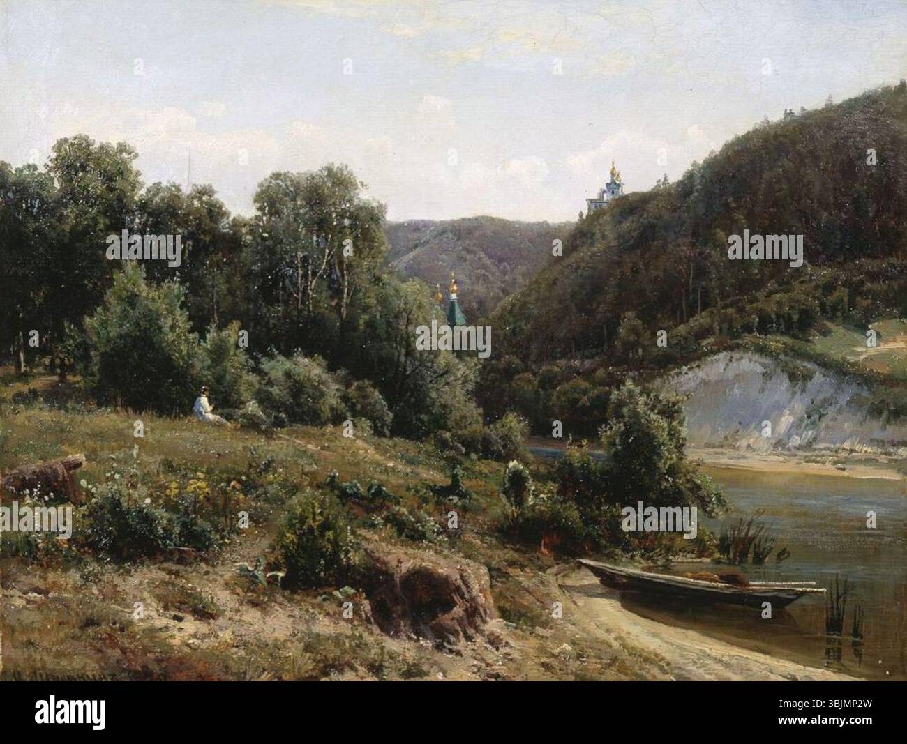 Öl auf Leinwand Gemälde von Ivan Shishkin aus dem Jahr 1870, das ein Kloster in einer natürlichen Landschaft mit Bäumen, Himmel und architektonischen Elementen darstellt. Stockfoto