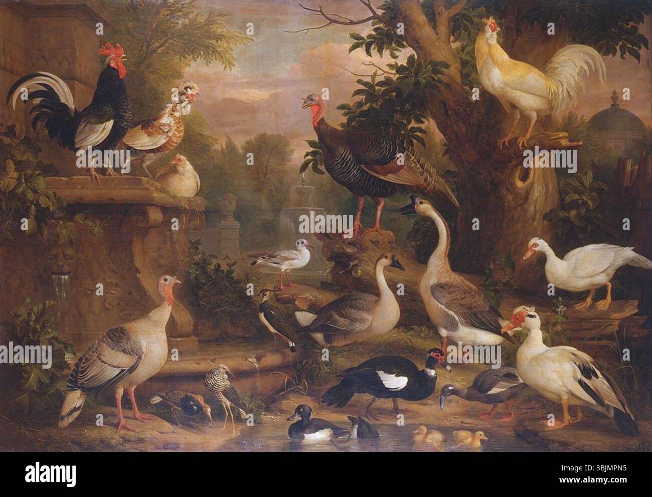 Jakob Bogdani (1658–1724) malte zwischen 1708 und 1710 Vögel in einer Landschaft. Dieses Kunstwerk aus Öl auf Leinwand zeigt verschiedene Vogelarten in einer natürlichen Landschaft und zeigt Bogdanis detaillierte Studien über Ornithologie und Natur. Stockfoto