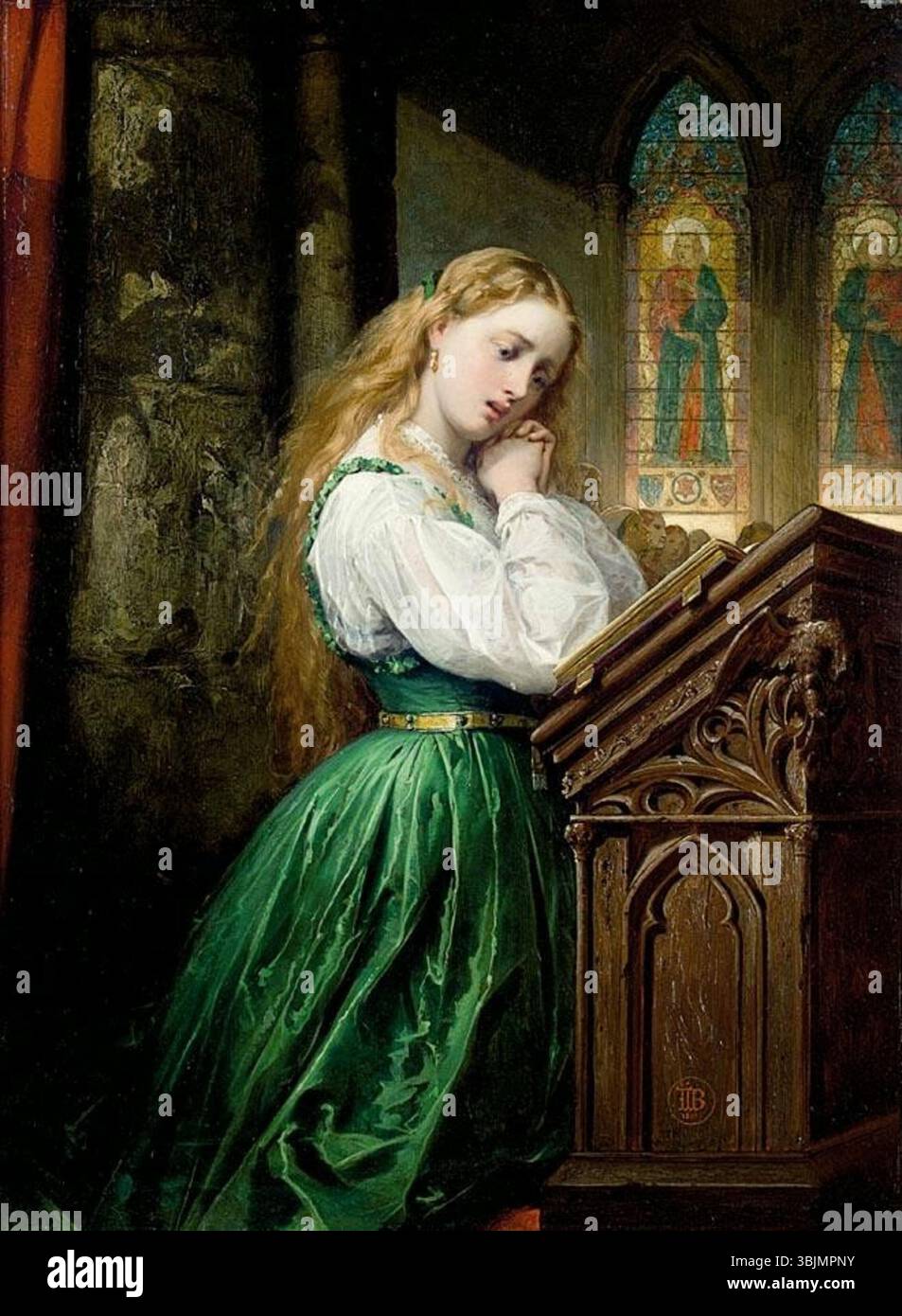 Thomas Jones Barkers *Margaret in the Cathedral, Faust* (1866) fängt die ikonische Szene aus Goethes *Faust* ein. Das Ölgemälde zeigt Margaret in einem feierlichen Moment innerhalb einer Kathedrale, wobei Licht und Schatten betont werden, um Drama und Emotionen zu vermitteln. Stockfoto