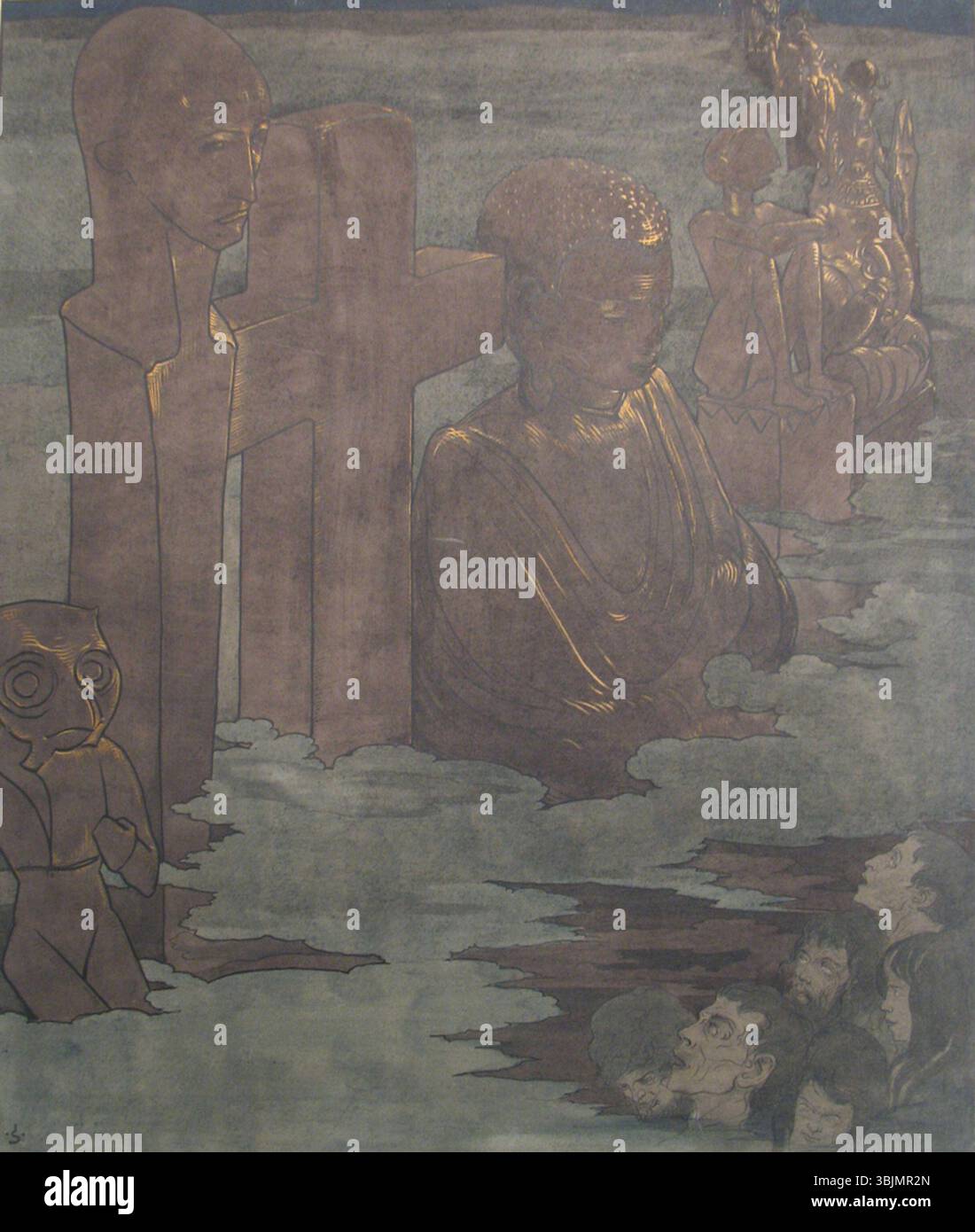 Denkmäler Funéraires von Joseph Sattler, gezeichnet mit Bleistift, Tinte, brauner Waschung und Aquarell auf Pergament. Das Werk spiegelt Sattlers Fokus auf monumentale Grabkunst wider. Stockfoto