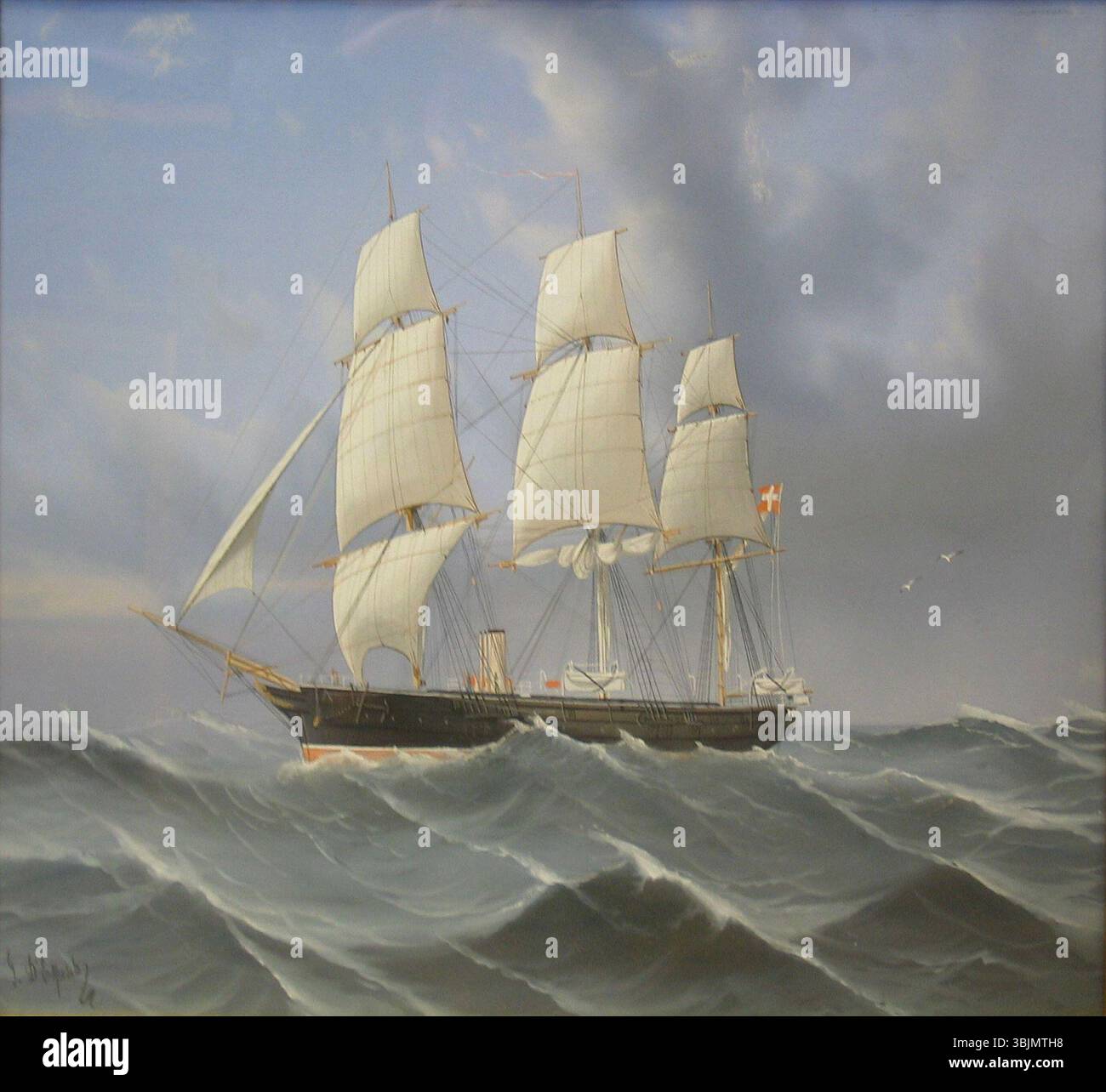 Gaetano Espositos Gemälde Skruekorvetten Dagmar zeigt die dänische Dampfkorvette Dagmar, die zwischen 1876 und 1901 gemalt wurde. Das Kunstwerk stellt das Schiff während einer seiner Mittelmeerreisen dar. Das Stück wird in Gouache gerendert. Stockfoto