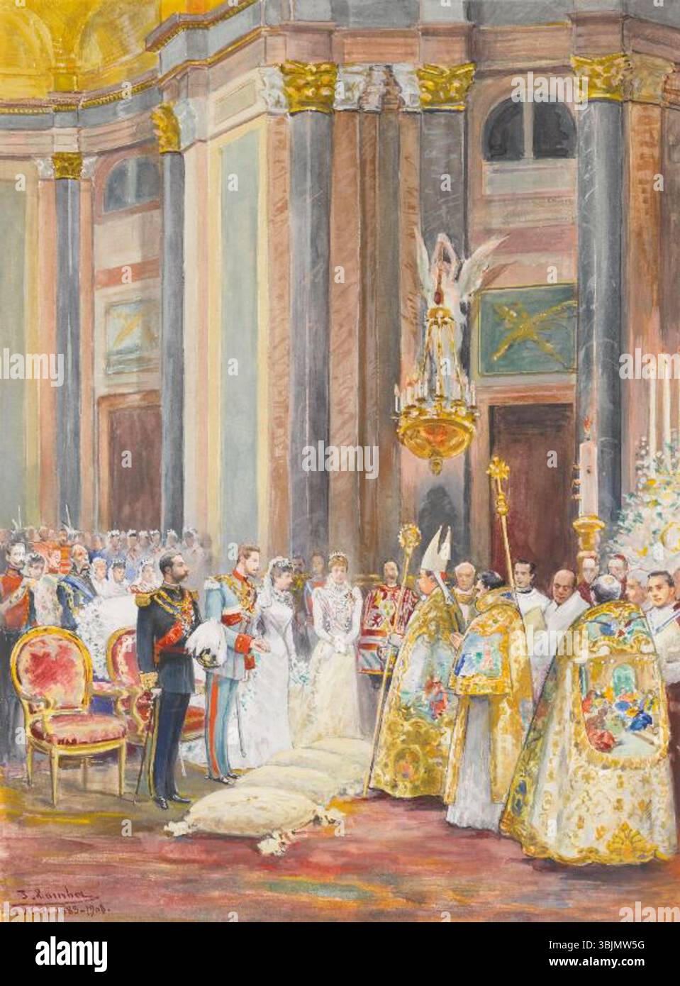 Juan Comba García (1852–1924) malte 1883 die Hochzeitszeremonie von Infanta Paz de Borbón und Prinz Adalberto von Bayern. Die Veranstaltung fand am 2. April 1883 in der Kapelle des Königlichen Palastes von Madrid statt. Stockfoto