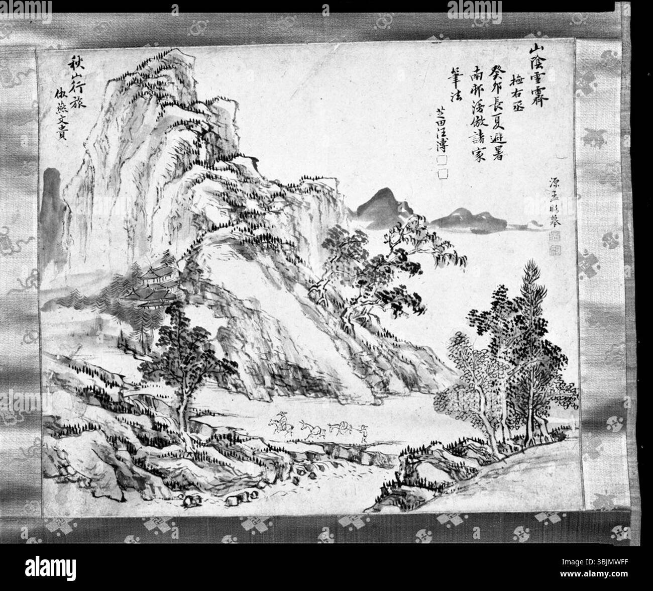 K Fuy (1722–1784) malte „Landschaft nach Yen Wen-kuei“ und interpretierte den Stil des früheren chinesischen Meisters. Das Kunstwerk präsentiert eine bergige Szene in traditioneller Tintentechnik. Stockfoto
