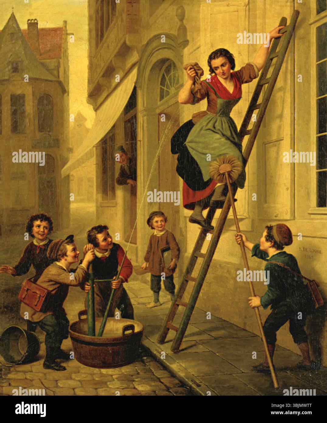 „Mischievous Boys“ von Basile de Loose stellt zwei Jungen in einer verspielten, schelmischen Szene dar. Das Gemälde fängt ihre frechen Ausdrücke und dynamischen Posen ein und spiegelt die Freude und das Unheil der Kindheit wider. Stockfoto