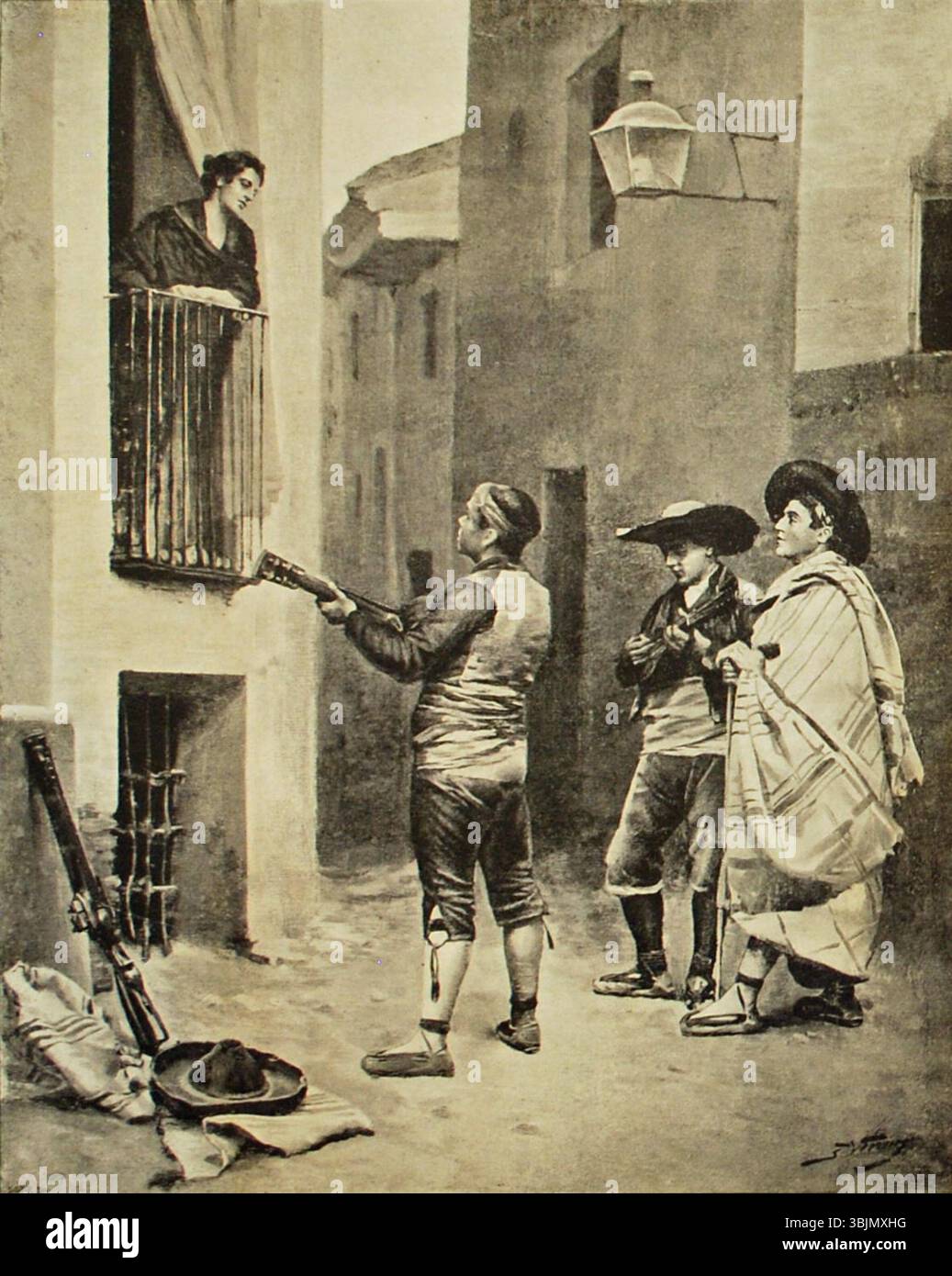 Serenade, gemalt von Jules Worms um 1888, ist ein Genre-Gemälde, das wahrscheinlich eine musikalische Balzszene darstellt, die für seinen Erzählstil charakteristisch ist. Stockfoto