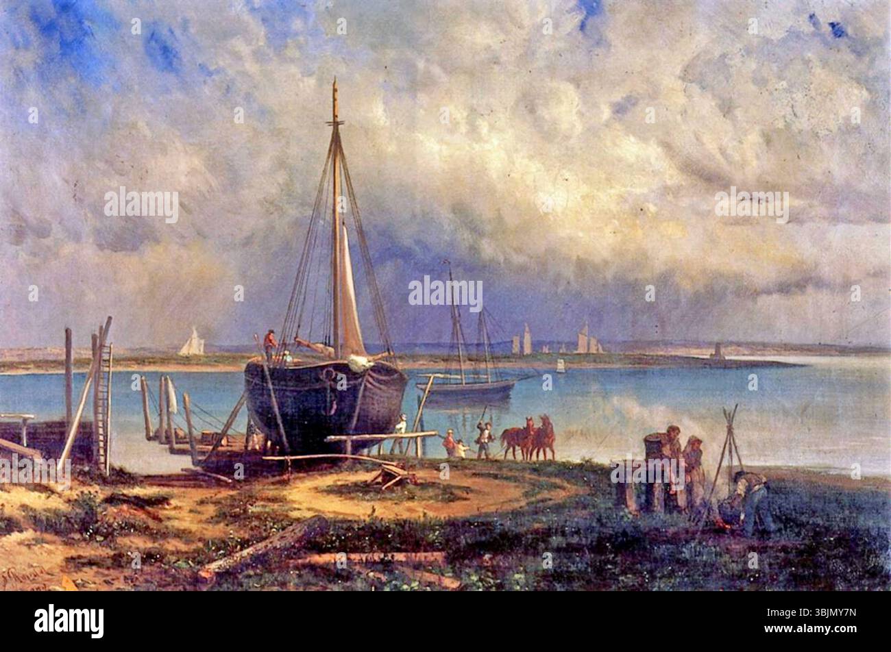 Frederick Rondels „View of City Island“ (1872) ist ein Ölgemälde, das 1872 die Marine Railway auf David Carll’s Shipyard darstellt und eine historische urbane Szene und die maritime Aktivität dieser Zeit zeigt. Stockfoto