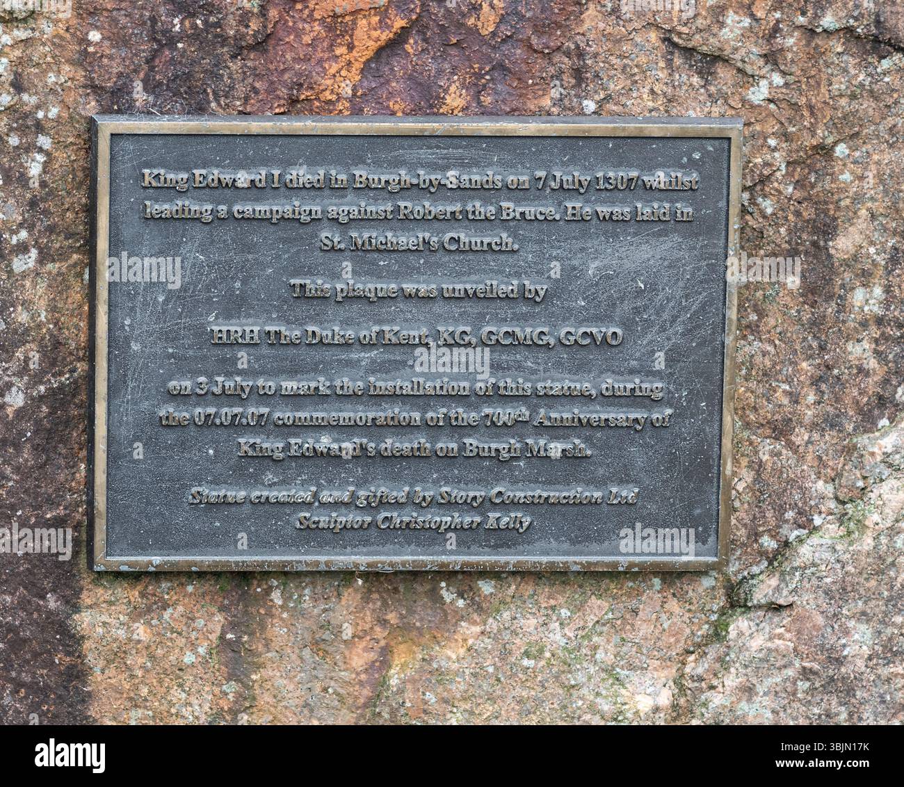 King Edward 1st Memorial Statue Plaque in Burgh by Sands, Cumbria, England Stockfoto