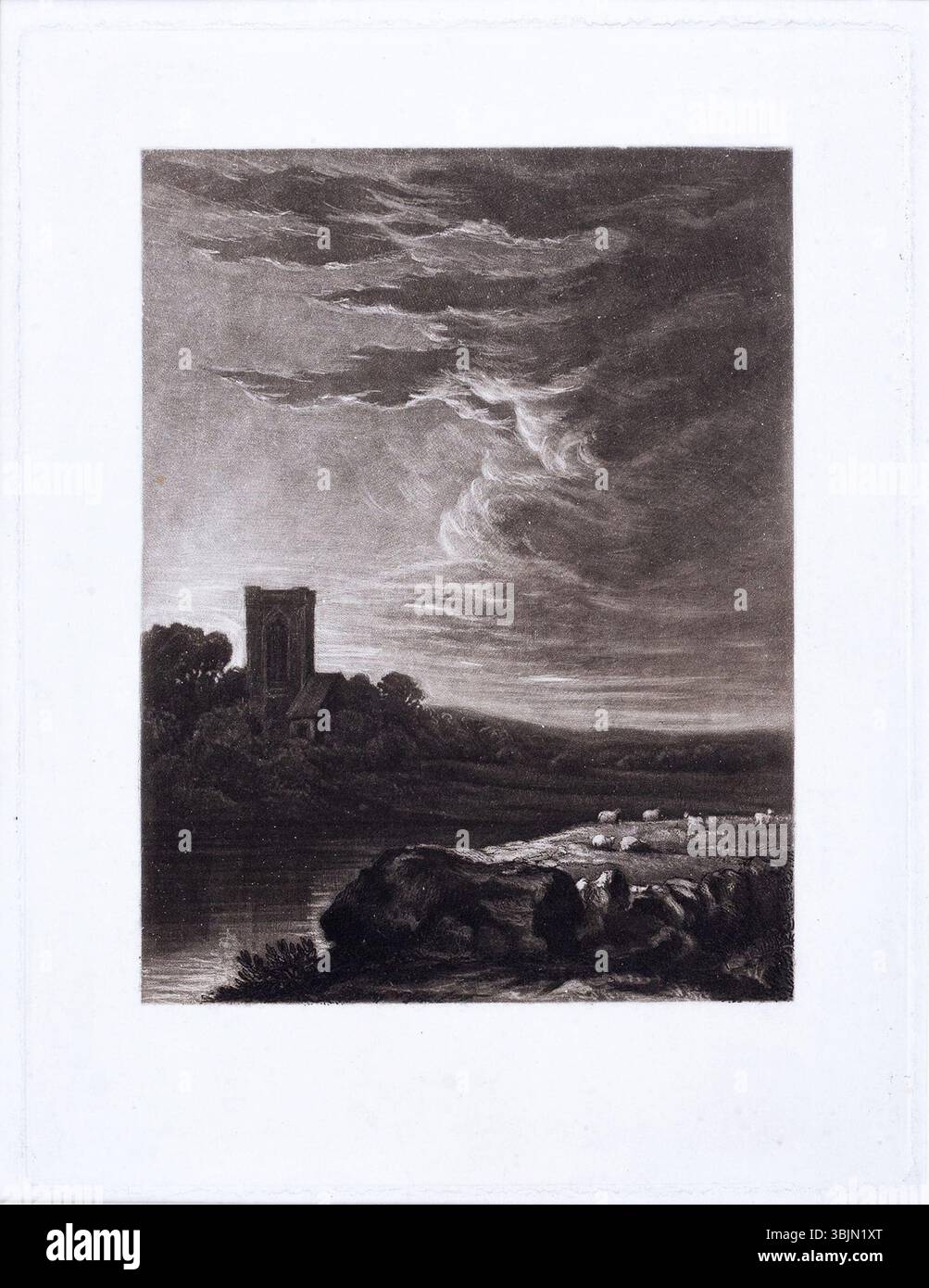 The Tower (1824) ist ein von S W Reynolds geschaffener Mezzotint-Druck nach Thomas Girtin. Der Eindruck von 1883 zeigt ein hoch aufragendes Gebäude vor einem dramatischen Himmel, das die Balance zwischen Architektur und Natur betont. Stockfoto