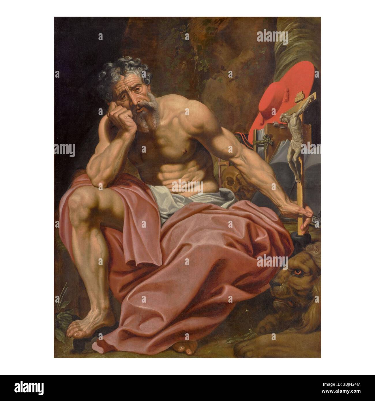 „Saint Jerome“ von Abraham Janssens I. (1575–1632) ist ein Ölgemälde, das den Heiligen Jerome in seinem Arbeitszimmer darstellt. Das Werk hebt seine wissenschaftliche Natur und religiöse Hingabe hervor, mit reichen Details im Hintergrund. Stockfoto