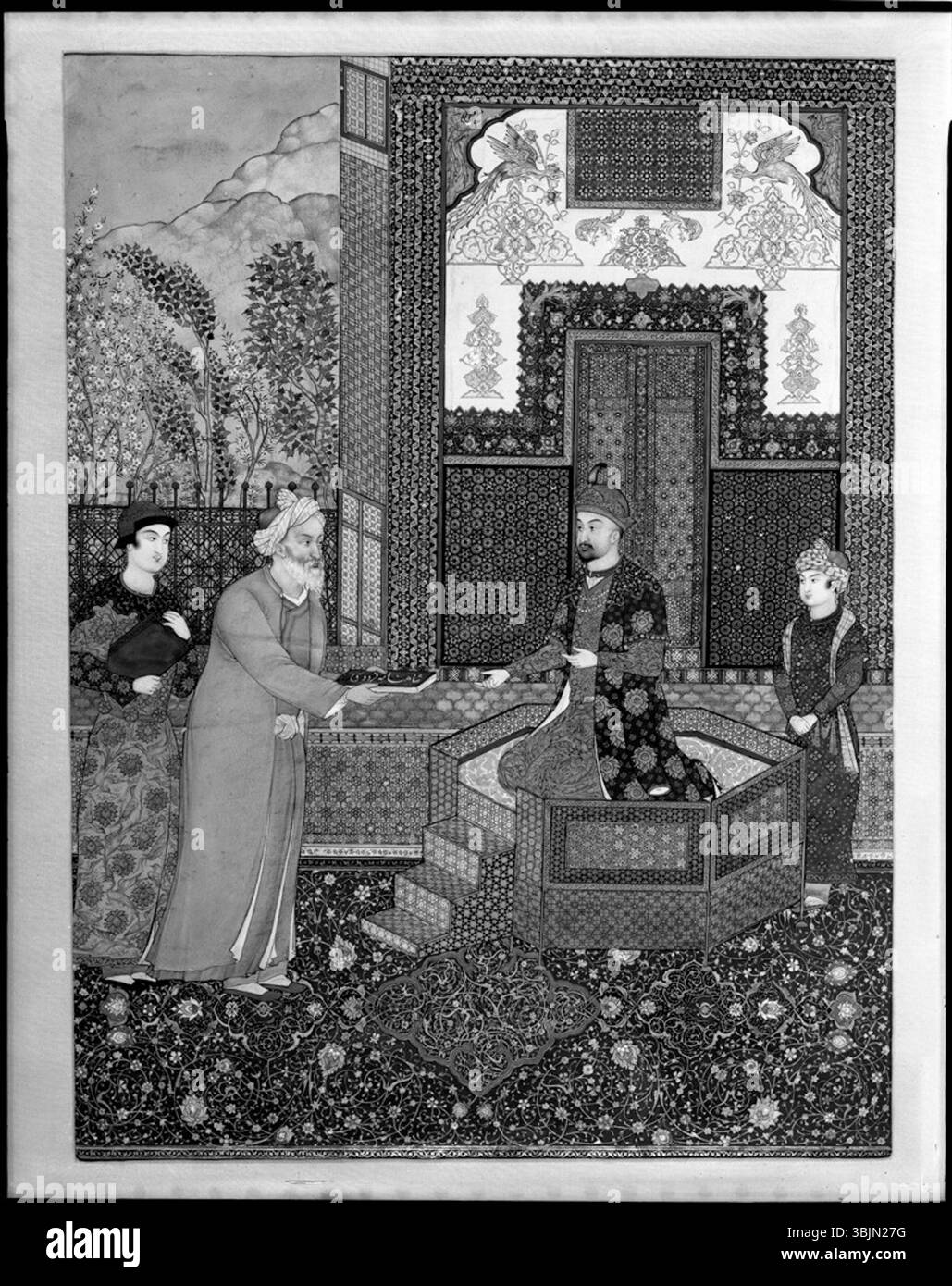 „Firdawsi präsentiert sein Werk Mahmud“ (1935) von Hossein Behzad porträtiert den persischen Dichter Firdawsi, der Sultan Mahmud von Ghazni sein literarisches Meisterwerk präsentiert. Das Gemälde spiegelt die persische Kulturgeschichte wider und zeichnet sich durch komplizierte Details und eine reiche Farbpalette aus, die typisch für Behzads Stil ist. Stockfoto