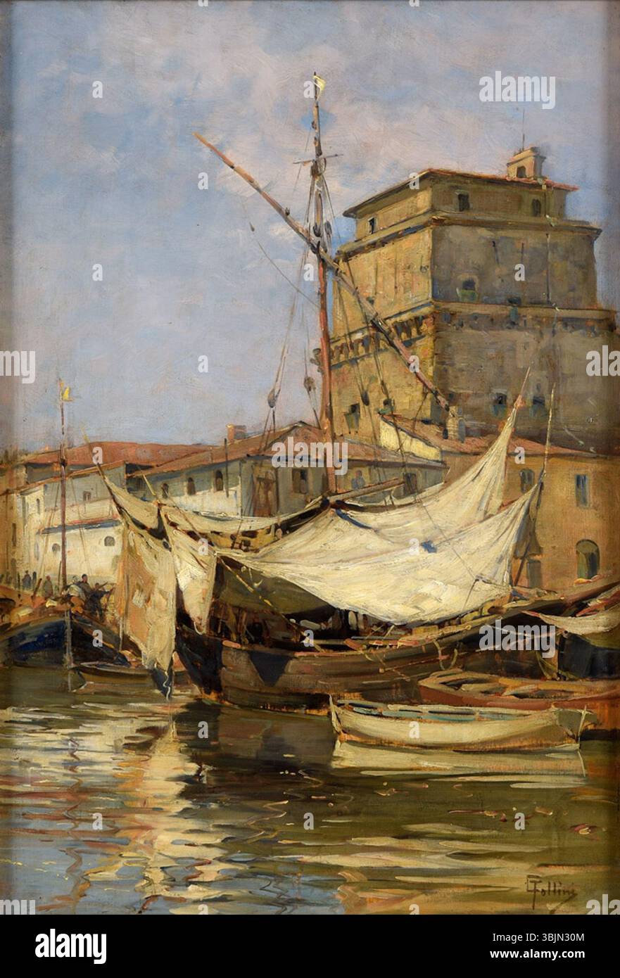 Carlo Follini (1848–) malte „Venezia“, ein Öl-auf-Holz-Stück, das Venedig darstellt. Das vom Künstler signierte Gemälde misst 48 x 32,5 cm und fängt das Wesen venezianischer Architektur und Kanäle ein. Stockfoto