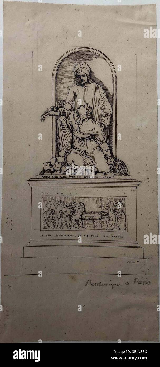 Henry de Triqueti errichtete um 1850 ein Grabdenkmal für Monseigneur Affre, Erzbischof von Paris. Das Design ist mit Tinte und chinesischer Tinte auf Papier gezeichnet und befindet sich im Museum der Schönen Künste von Orléans. Stockfoto