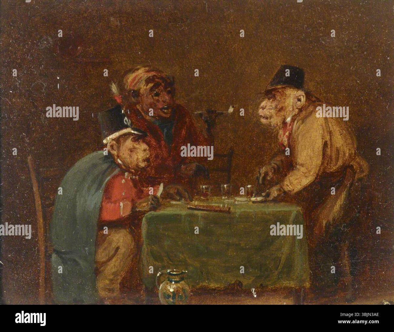 Bristow, Edmund; aus einer Reihe von vier Singerien: Drei Affen trinken an einem Tisch; National Trust, Anglesey Abbey; http://www.artuk.org/artworks/from-a-set-of-four-singeries-three-monkeys-drinking-at-a-table-170162 Stockfoto
