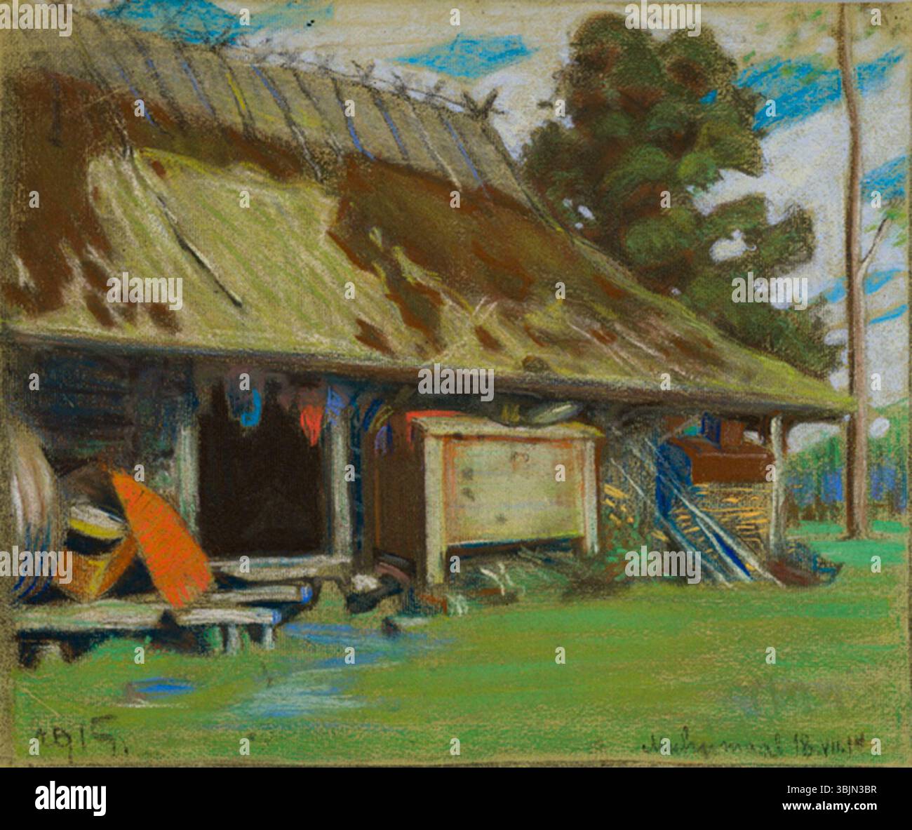 Oskar Kallis’ Pastellbild „Muhu ait“ (Muhu Scheune) aus dem Jahr 1914 zeigt eine ruhige ländliche Szene mit einer traditionellen estnischen Scheune. Die zarten Pastellstriche fesseln die ländliche Architektur und die ruhige ländliche Atmosphäre. Stockfoto