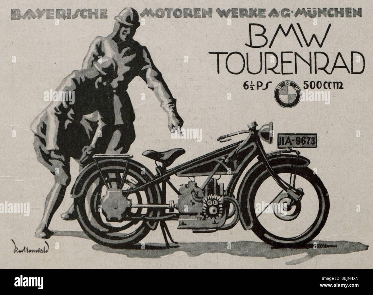 Eine Werbung der Bayerischen Motoren Werke München aus dem Jahr 1924 zeigt das BMW R32 Tourenmotorrad mit 500 ccm Motor, was die Motorradtechnik des frühen 20. Jahrhunderts hervorhebt. Stockfoto