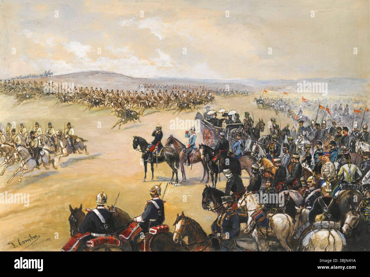 Dieses Gemälde von Juan Comba García aus dem Jahr 1908 zeigt eine Militärparade, die am 31. Januar 1883 während des Besuchs von Prinz Adalberto von Bayern im Zusammenhang mit der Hochzeit von Paz von Spanien und Ludwig Ferdinand von Bayern stattfand. Stockfoto