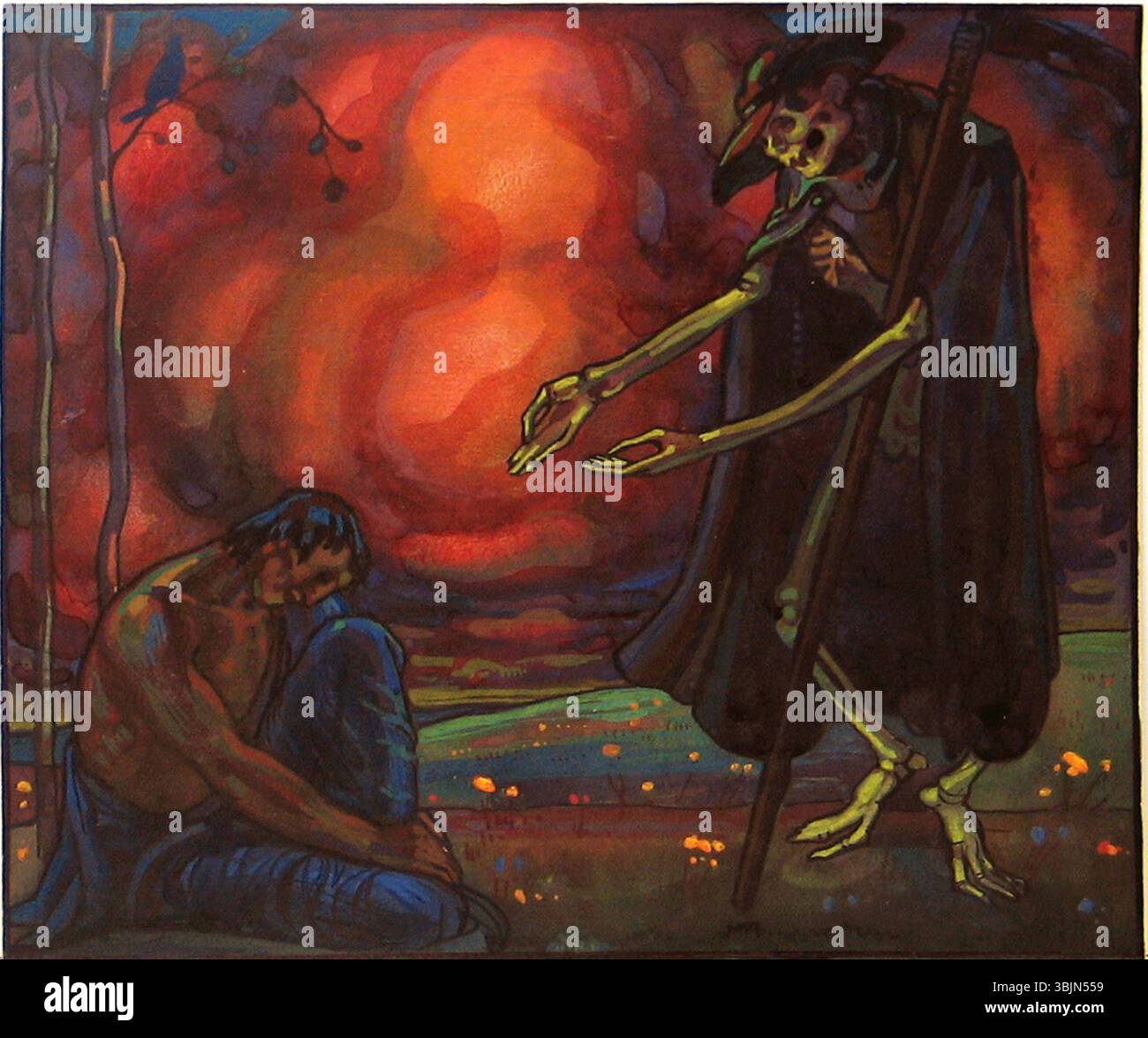 Nikolai Triik (1884–1940) schuf zwischen 1911 und 1912 „Surm ja väsinu“ mit Tempera und Aquarell auf Papier. Das Gemälde präsentiert Themen von Tod und Erschöpfung durch symbolische Bildsprache. Stockfoto