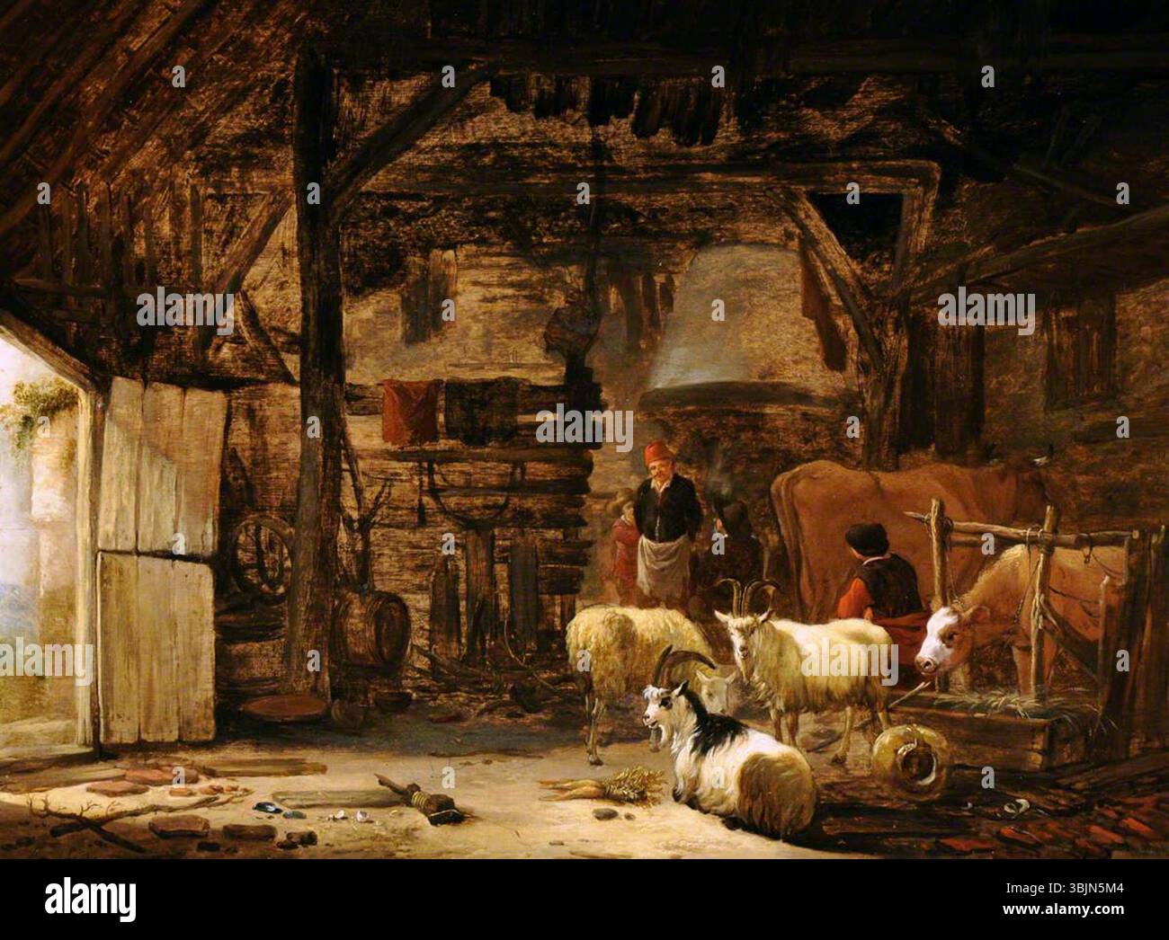 Camphuysen, Govert Dircksz.; Eine Scheune mit Ziegen, Rindern und Bauern; National Trust, Calke Abbey; http://www.artuk.org/artworks/a-barn-interior-with-goats-cattle-and-peasants-169379 Stockfoto
