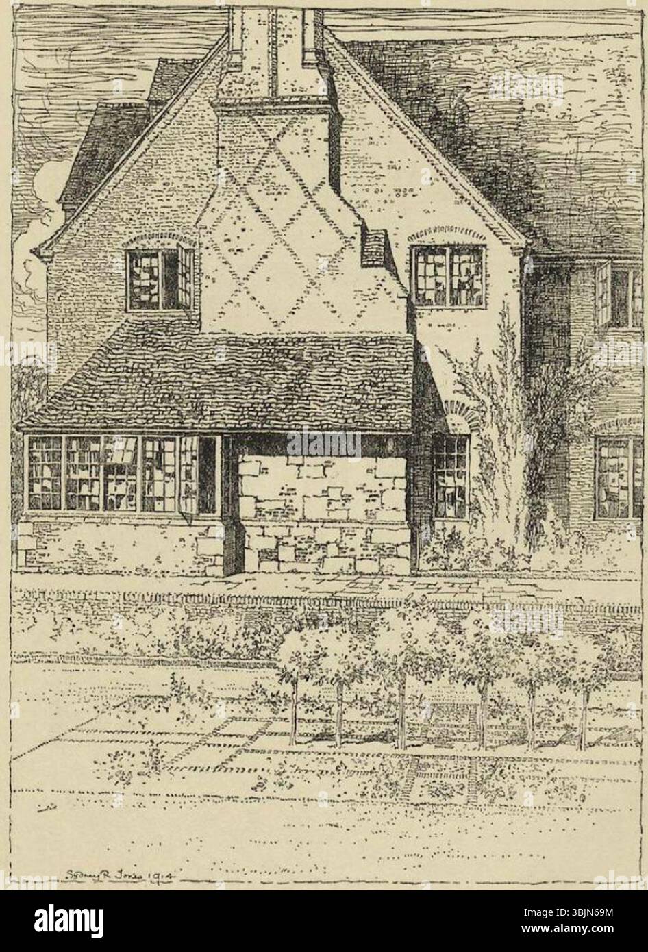 Dieses 1914 von Jones und Hobbiss entworfene Design zeigt ein Haus und einen Garten in Canley Corner in der Nähe von Coventry, wie es im Studio Yearbook of Decorative Art 1915 vorgestellt wurde Stockfoto