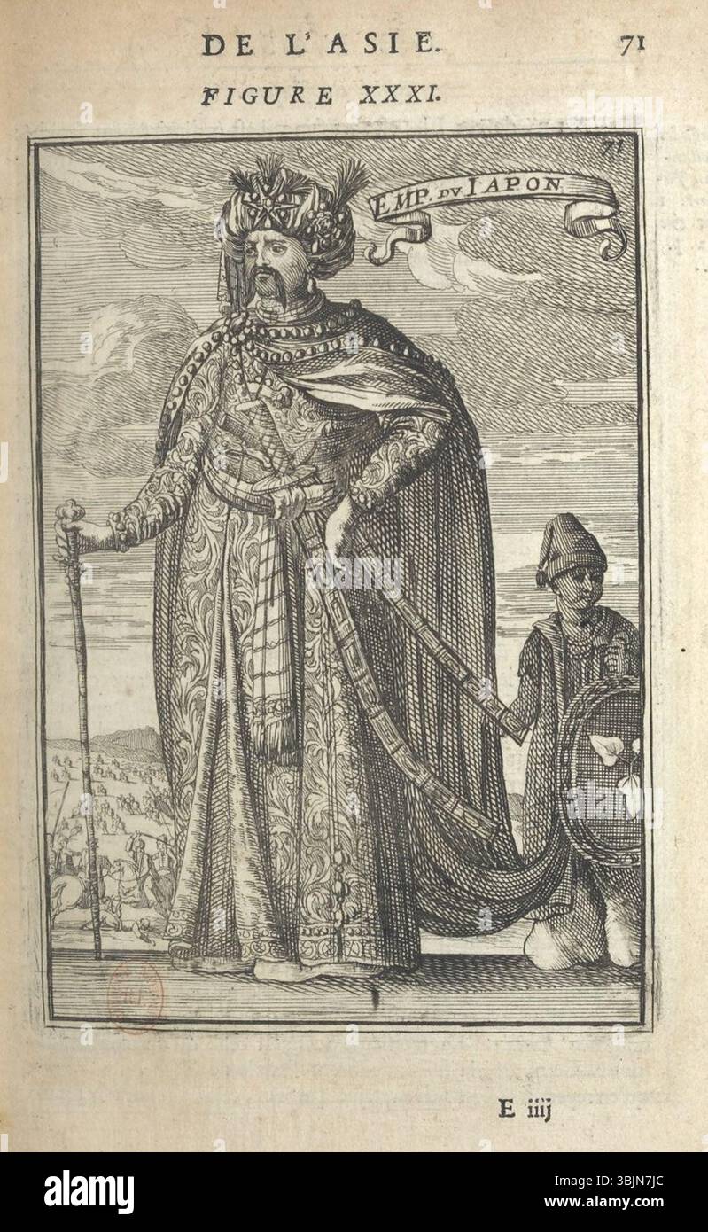Allain Manesson-Mallets 1683 Werk „EMP. DV IAPON' zeigt das japanische Reich in der Frühen Neuzeit. Der Gravur zeigt eine detaillierte Darstellung der japanischen Kultur und sozialen Struktur, die charakteristisch für die damaligen europäischen Ansichten Japans war. Stockfoto