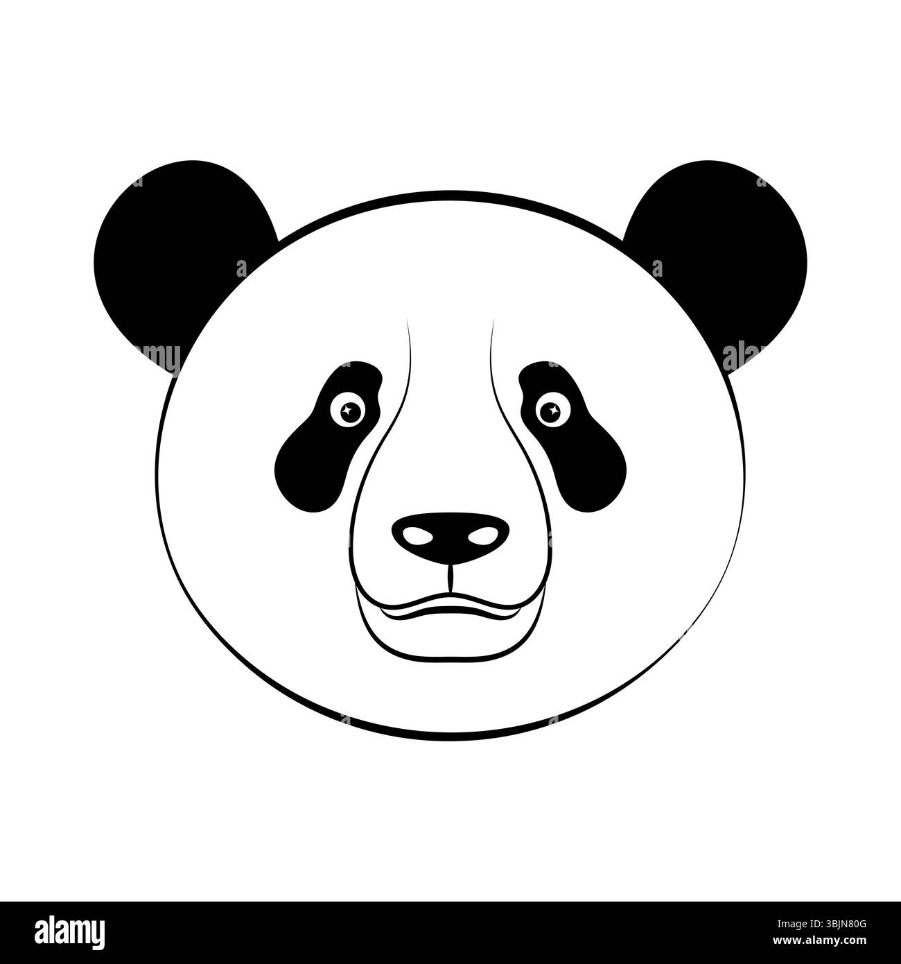 Niedliches Pandabild. Das Design zeigt den runden Pandas-Kopf mit zwei großen, schwarzen Ohren, ausdrucksstarke Augen mit schwarzen Flecken und eine kleine ovale Nase. Stock Vektor