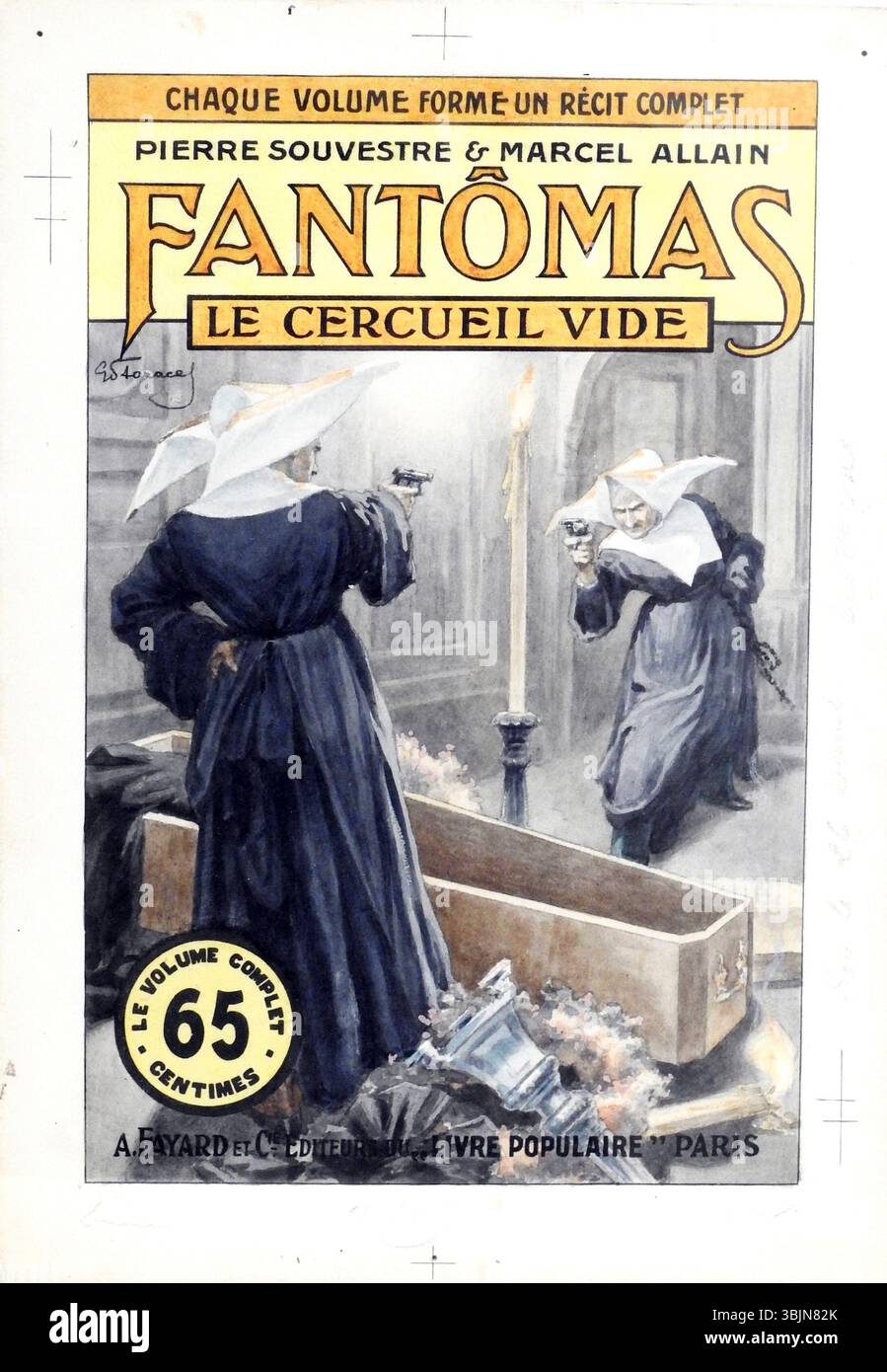 Gino Starace illustrierte das Cover von Pierre Souvestre und Marcel Allains Roman Le Cercueil Vide (1913). Dieses Cover verwendet Aquarelle und Tinte, um eine visuelle Erzählung zu erstellen, die die spannenden und geheimnisvollen Themen der Geschichte darstellt. Stockfoto