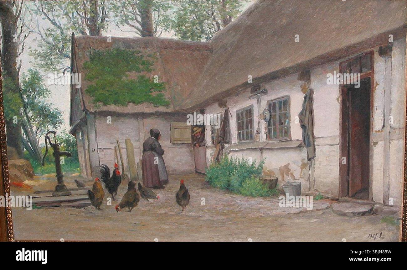 Alfred Larsens „Bondegårdsexteriør“ zeigt eine ländliche Hofszene, die zwischen 1878 und 1946 gemalt wurde. Die Arbeit auf Leinwand bietet einen Einblick in das Leben auf der skandinavischen Landschaft und fängt ländliche Architektur und tägliche Aktivitäten ein. Stockfoto