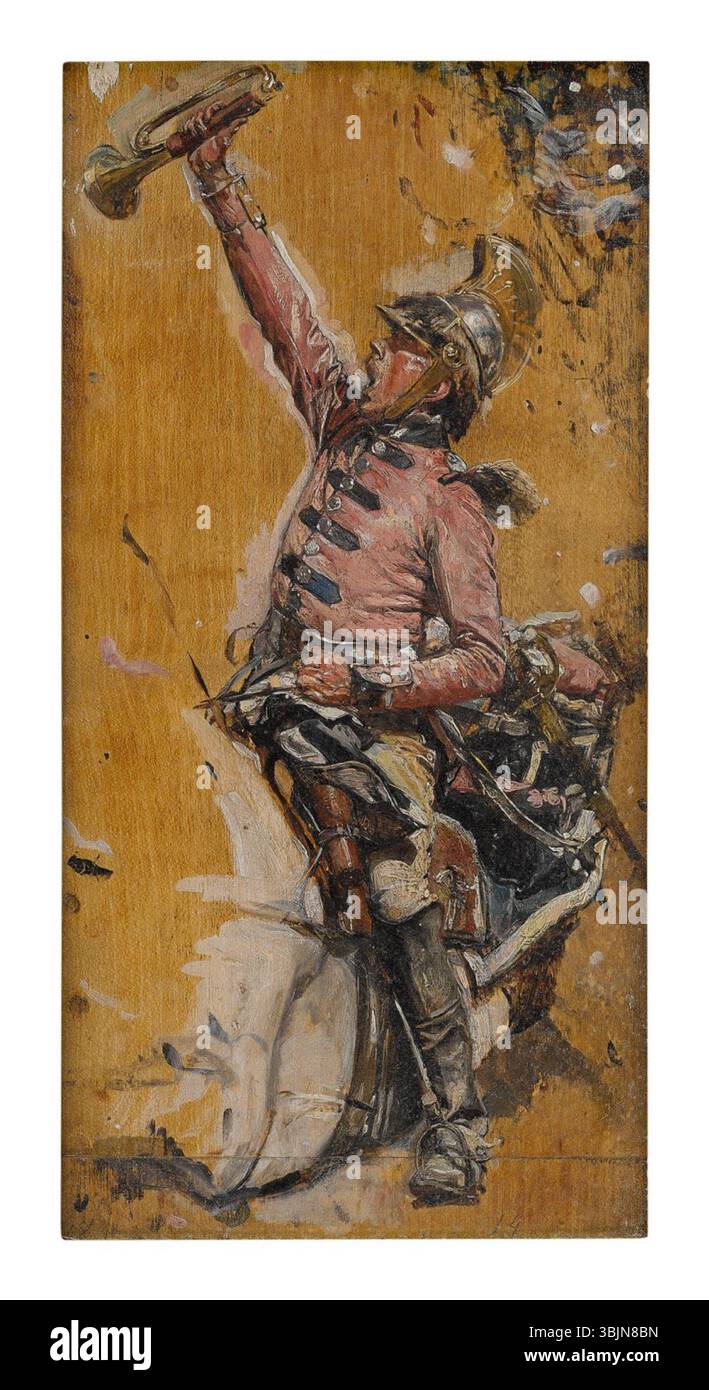 Jean-Louis-Ernest Meissonier (1815–1891) malte „Le Trompette de 1807“ auf die Tafel. Das Ölgemälde zeigt einen Trompeter aus der napoleonischen Zeit, der die historische Militärfigur während des frühen 19. Jahrhunderts in Aktion hält. Stockfoto