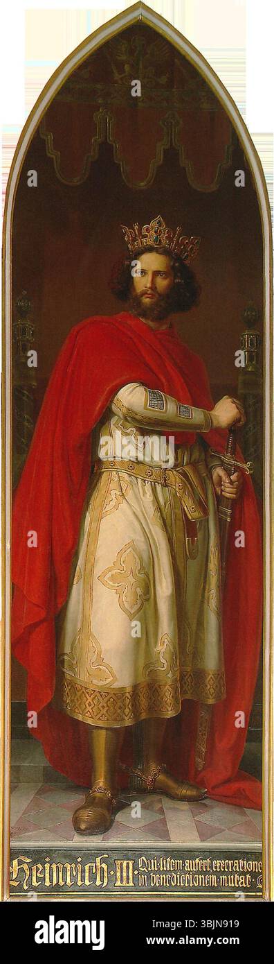 Hermann Anton Stilkes Porträt Heinrichs III. Von 1844 stellt den Kaiser vor einem Thronbaldachin dar, in dem die kaiserlichen Insignien aus Zepter und Kugel aufbewahrt werden. Stockfoto