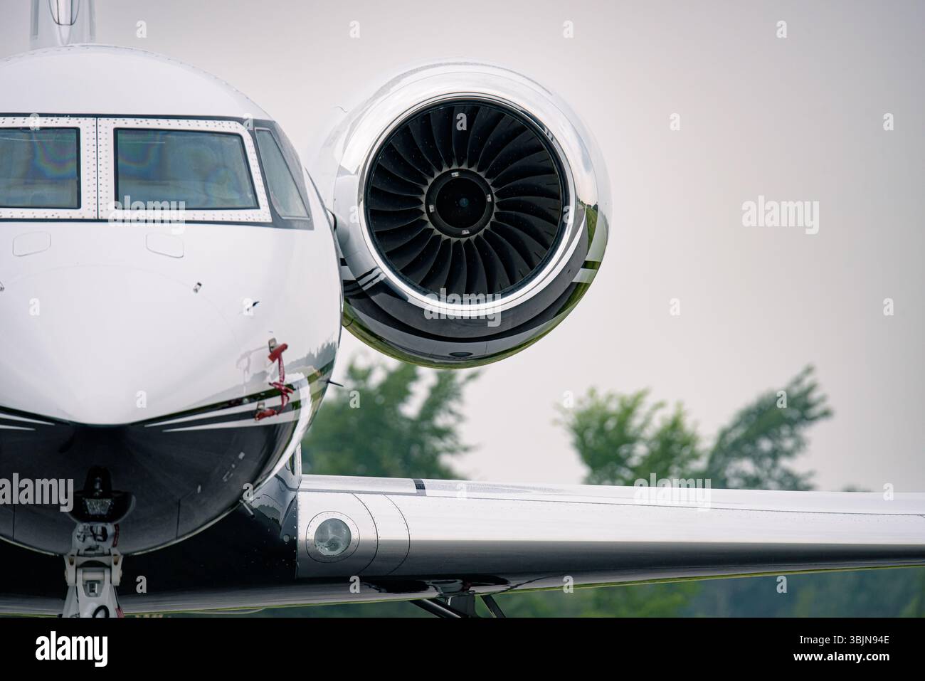 Nahaufnahme des Gulfstream Privatjets mit Cockpitfenster, Maschinenhaus und poliertem Flügeldetail. Turboventilatoren deutlich sichtbar gegen verschwommenes t Stockfoto