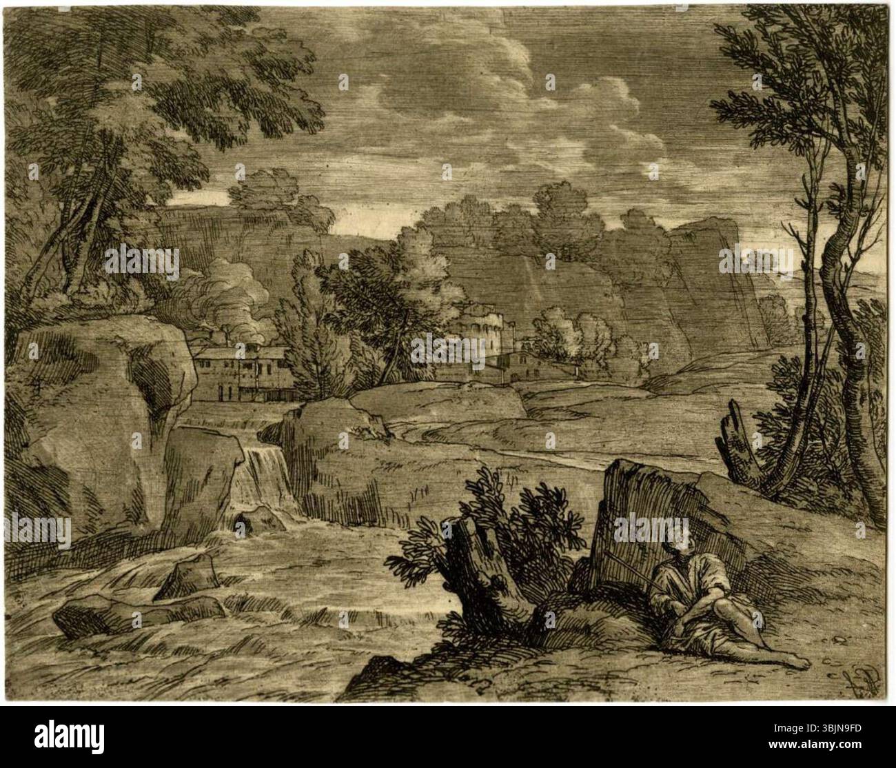 Louisa Augusta Grevilles *Landscape with a man* (ca. 1757–1770) ist eine Ätzung und ein Mezzotint, die einen Mann darstellt, der in einer friedlichen natürlichen Umgebung liegt. Ein Fluss fließt in der Nähe und schafft eine ruhige und malerische Szene mit Bäumen und Gebäuden im Hintergrund. Stockfoto