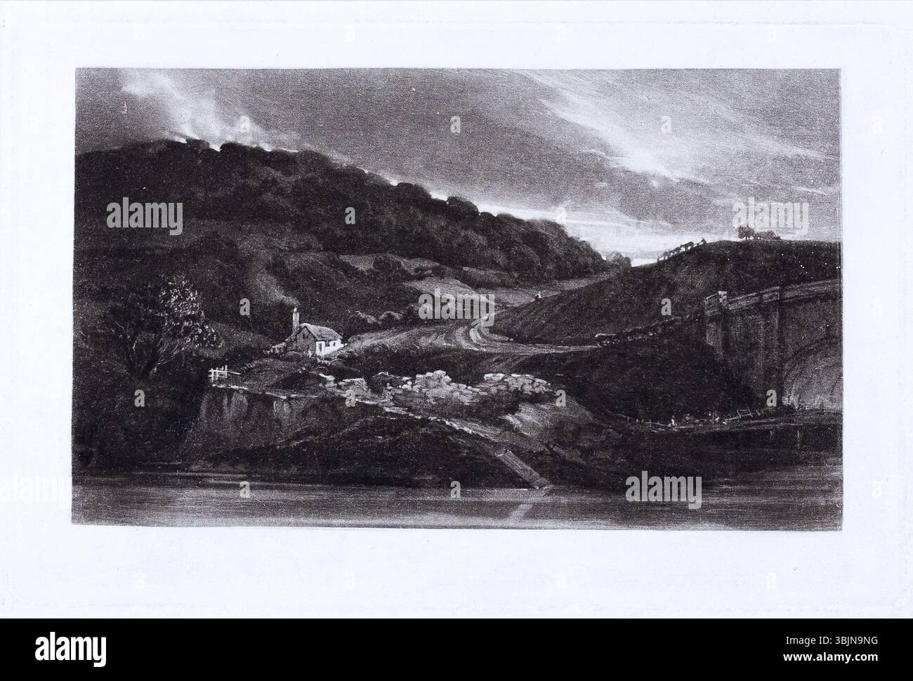 Cottage Above River (1824) ist ein Mezzotint-Druck nach Thomas Girtin, geschaffen von S W Reynolds. Der 1883 auf Tellerpapier gedruckte Eindruck zeigt die beschauliche Landschaft mit einem Fluss, der neben einem Ferienhaus fließt. Stockfoto
